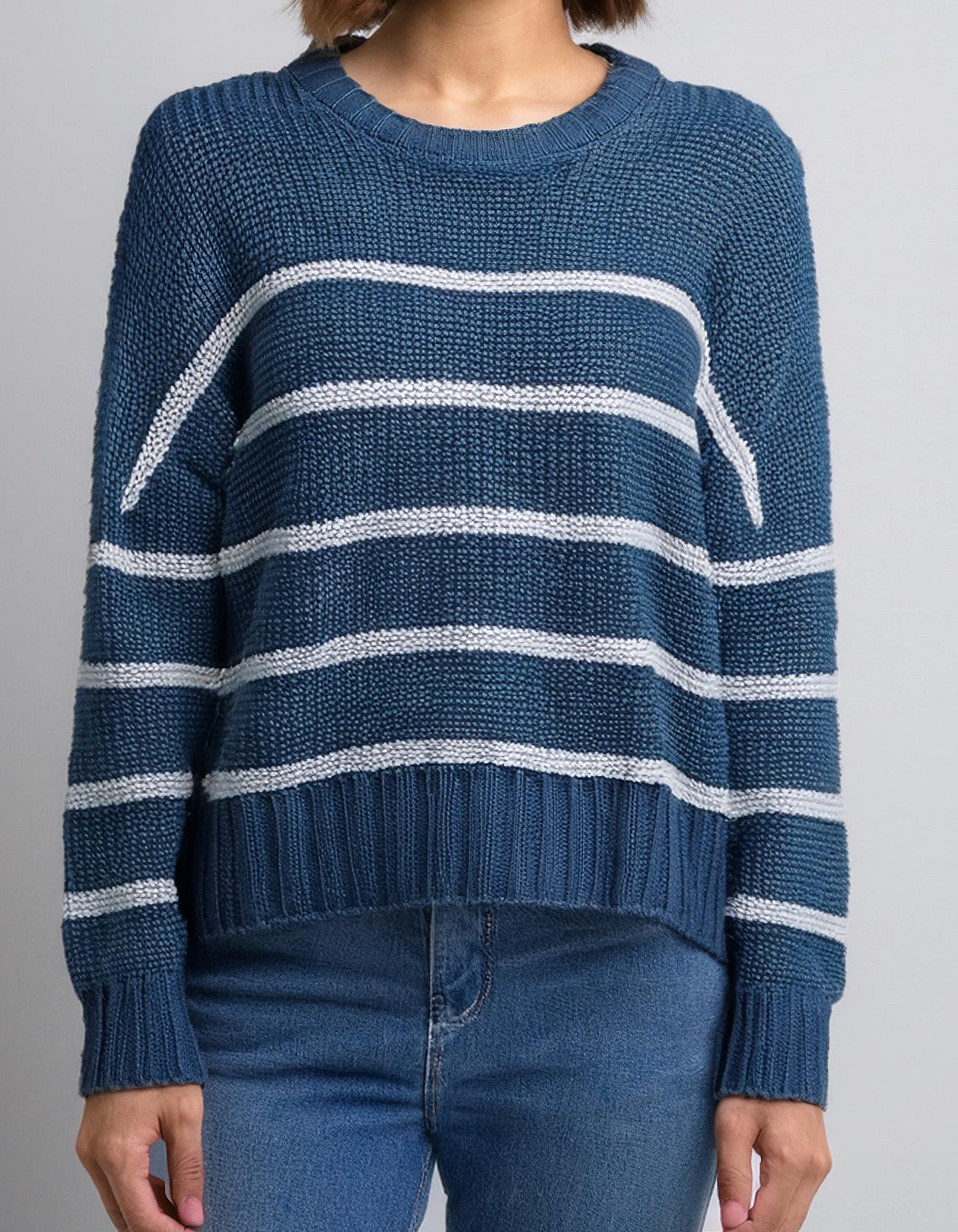 Blue and White Striped Knit Pullover 2