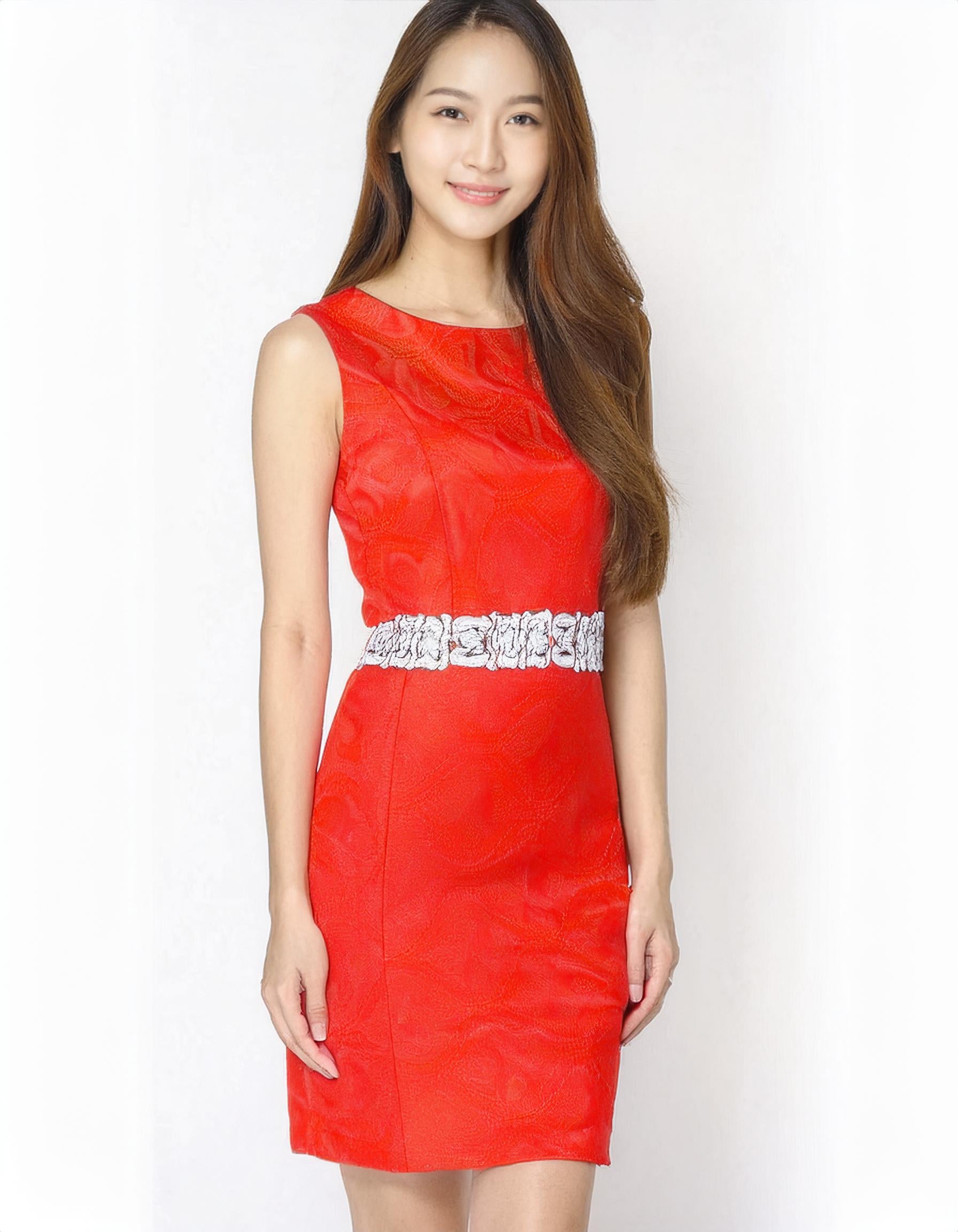 Bright Red Sheath Dress with Belt Detail