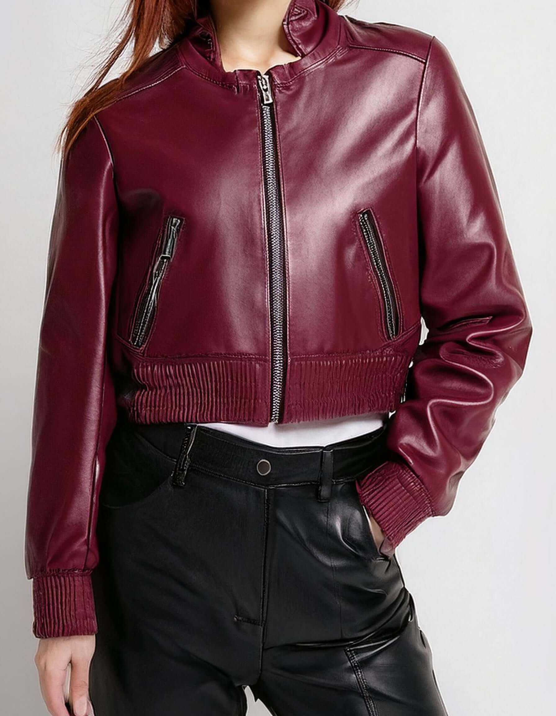 Burgundy Zip-Up Leather Jacket 2