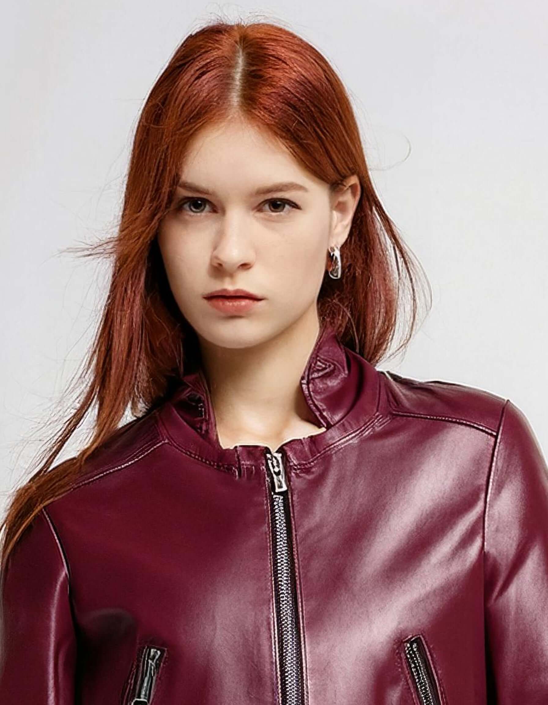 Burgundy Zip-Up Leather Jacket 4