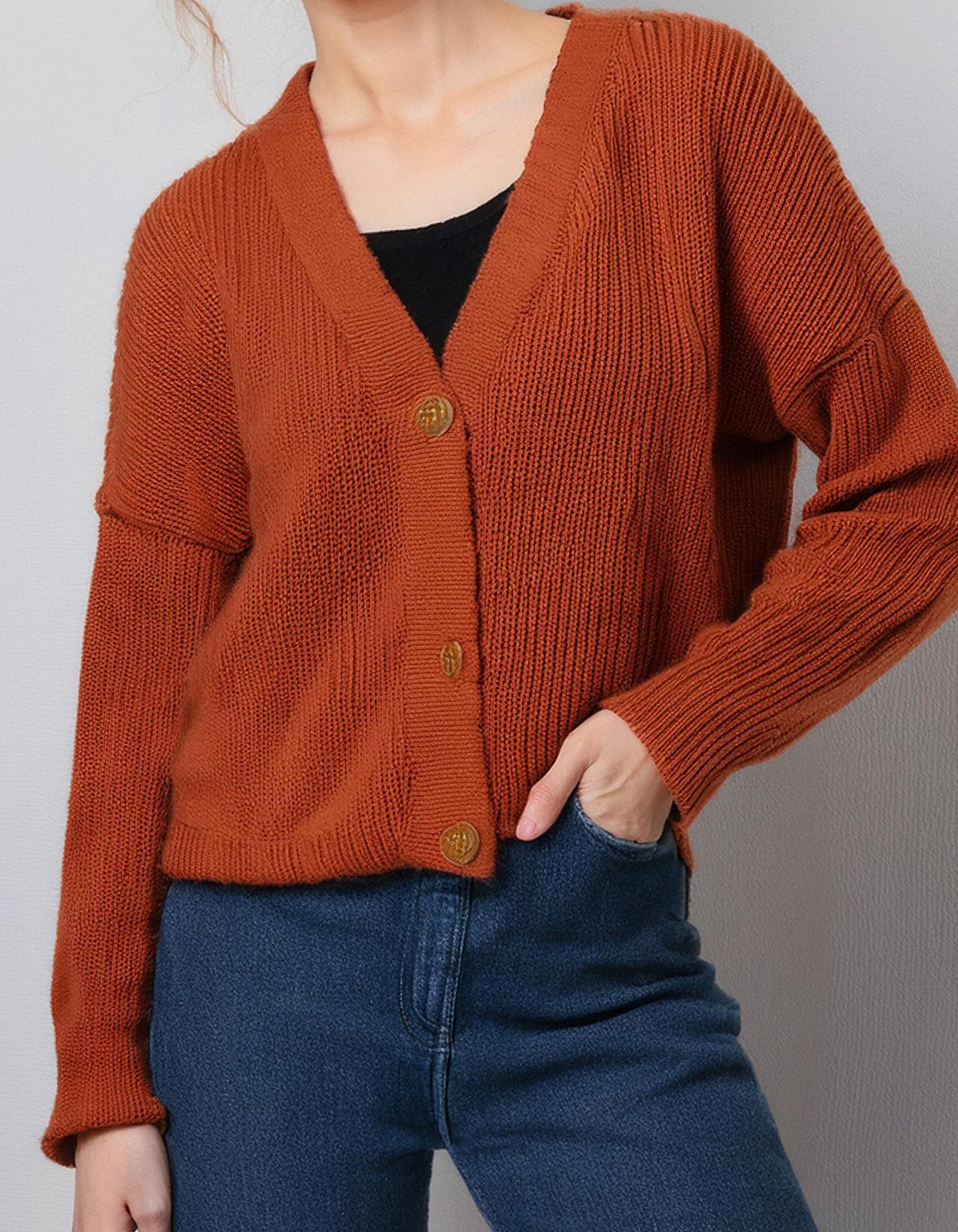 Burnt Orange V-Neck Cardigan 2
