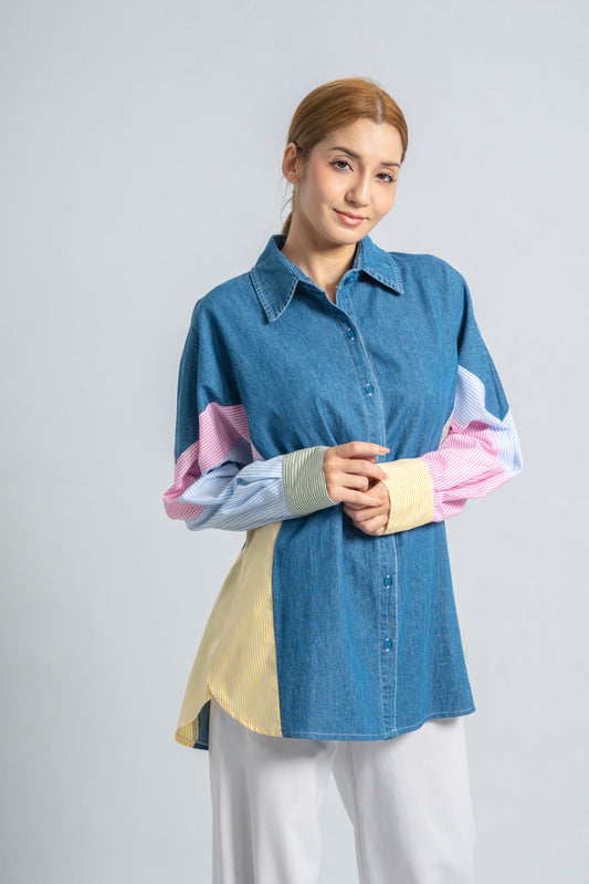 Denim Shirt With Colored Sleeves