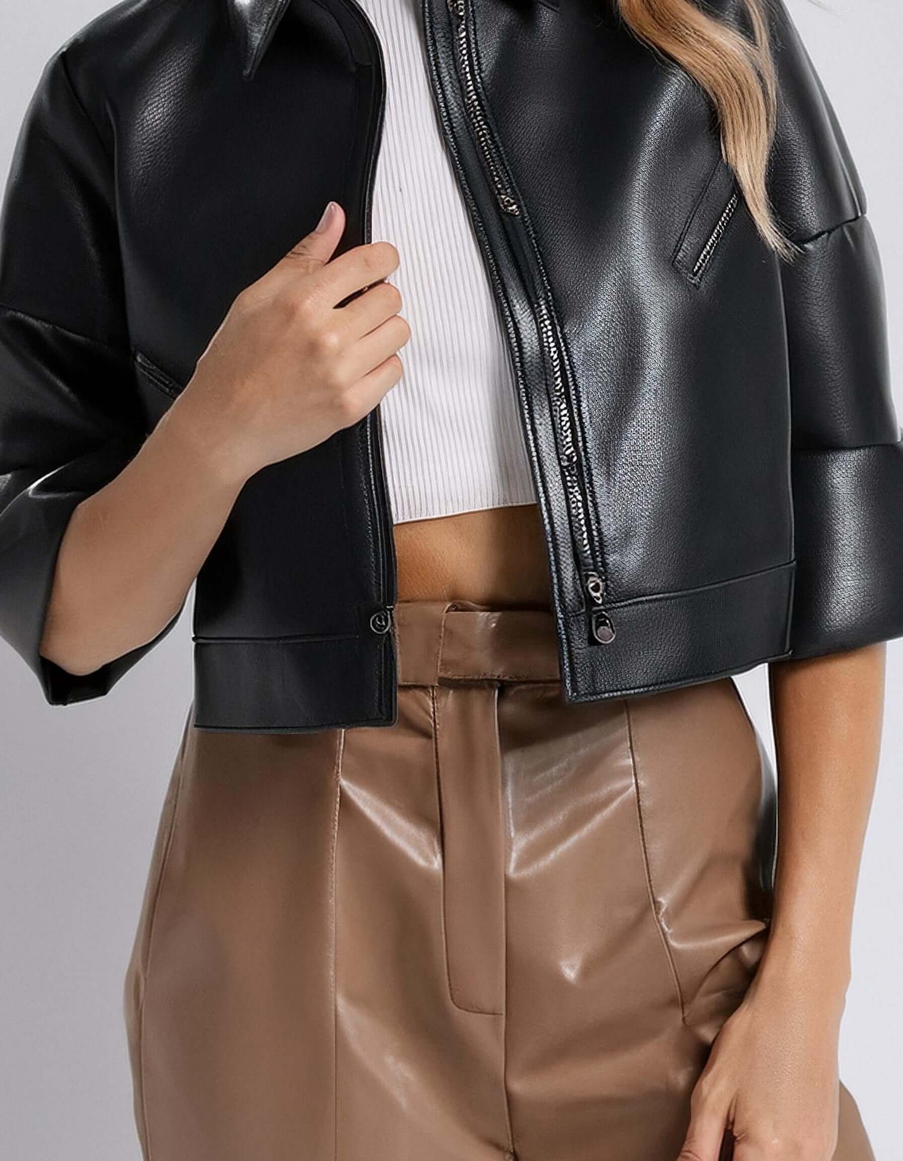 Classic Black Crop Leather Jacket 2