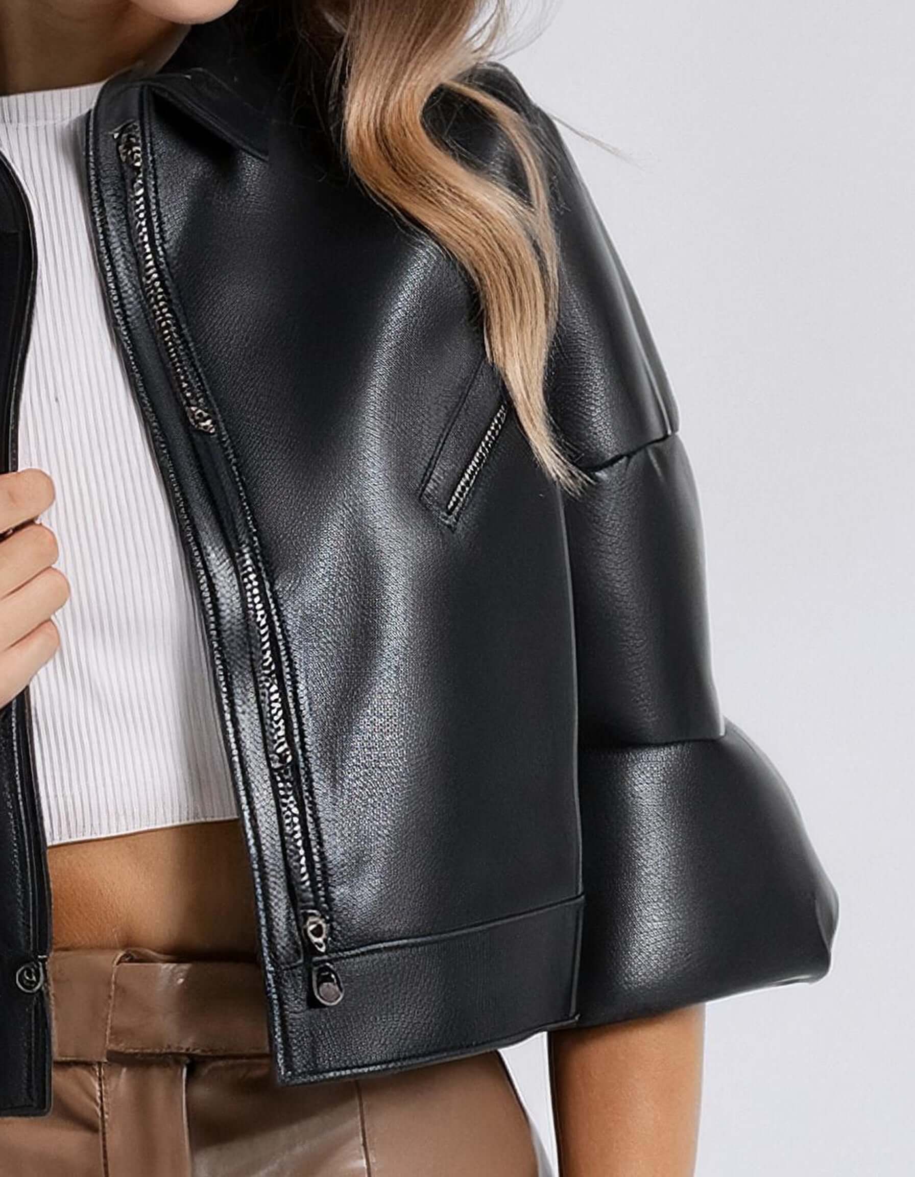 Classic Black Crop Leather Jacket 3