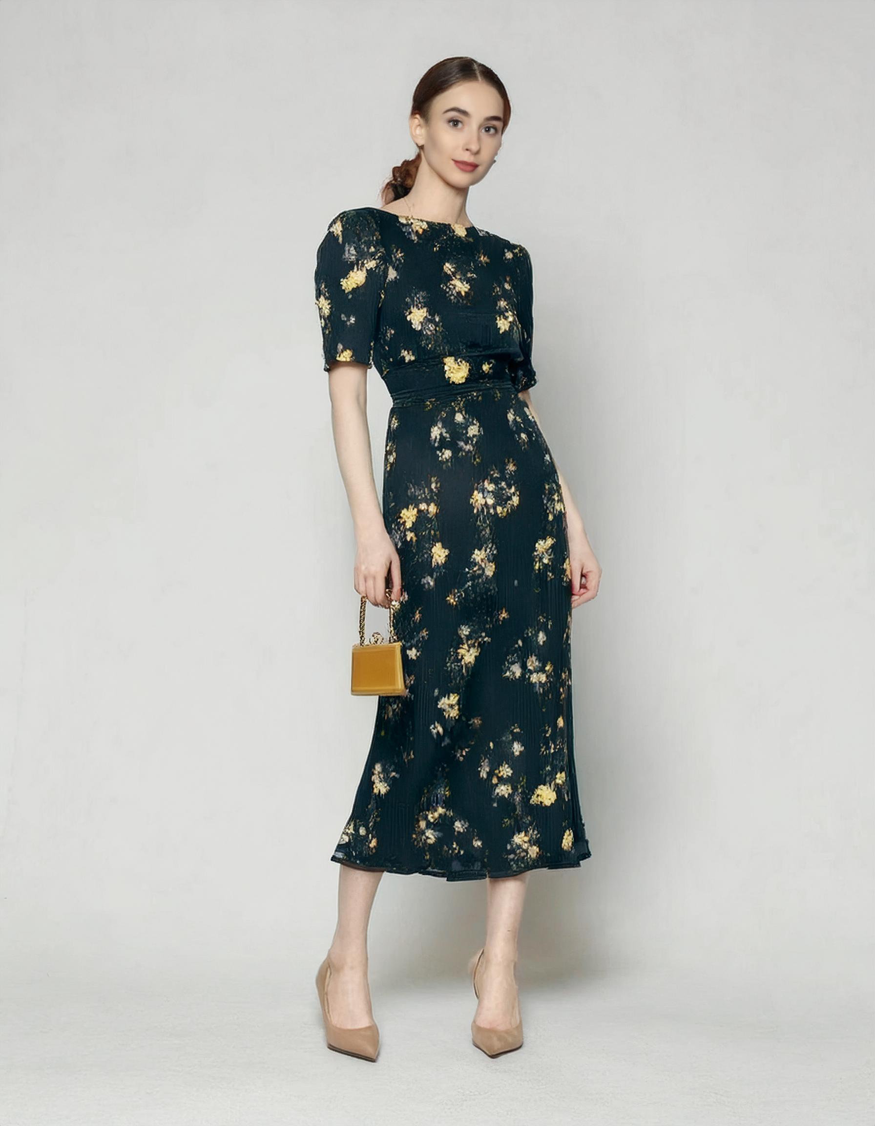 Classic Navy Blue Floral Midi Dress