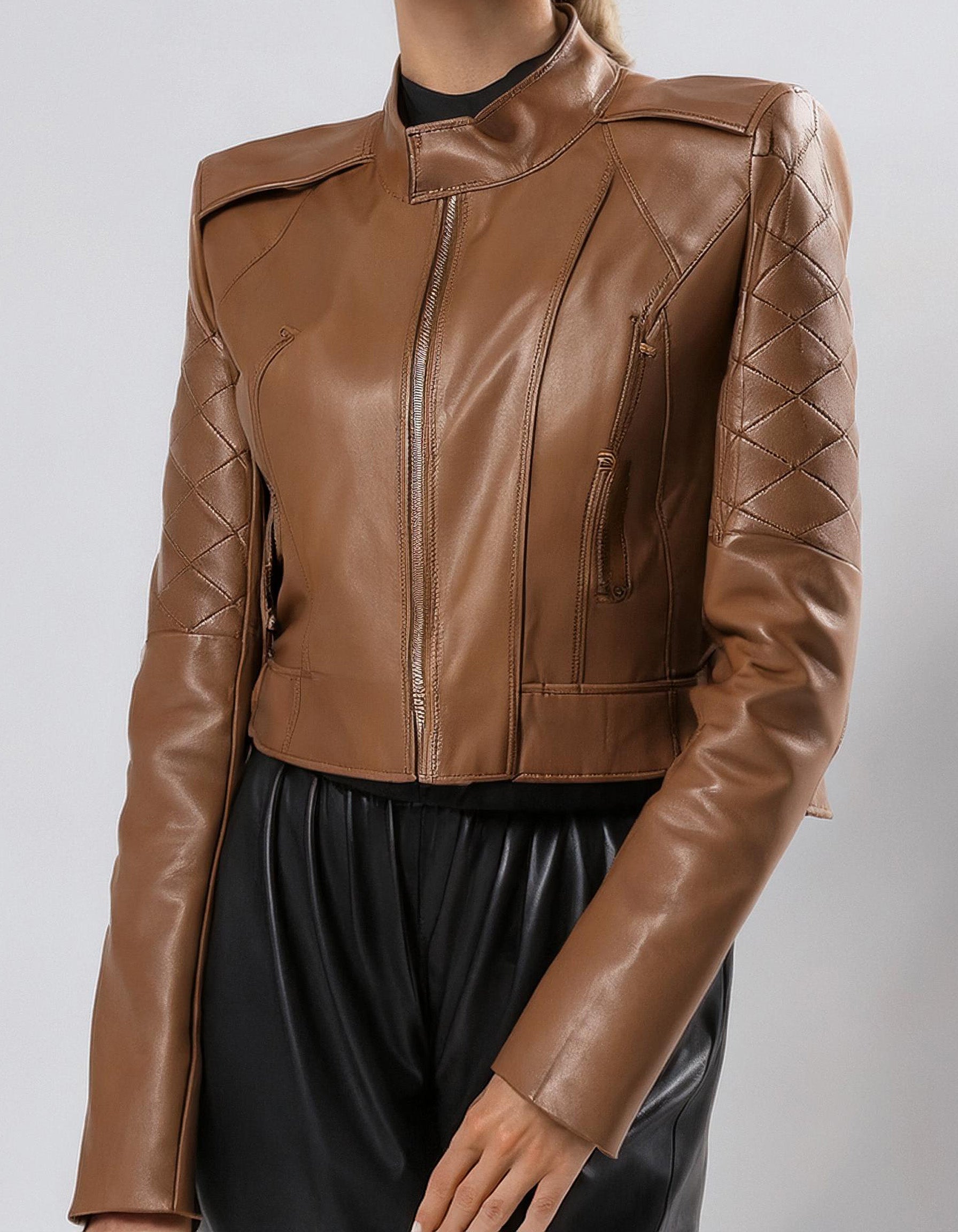 Cognac Brown Zip-Up Leather Jacket 2