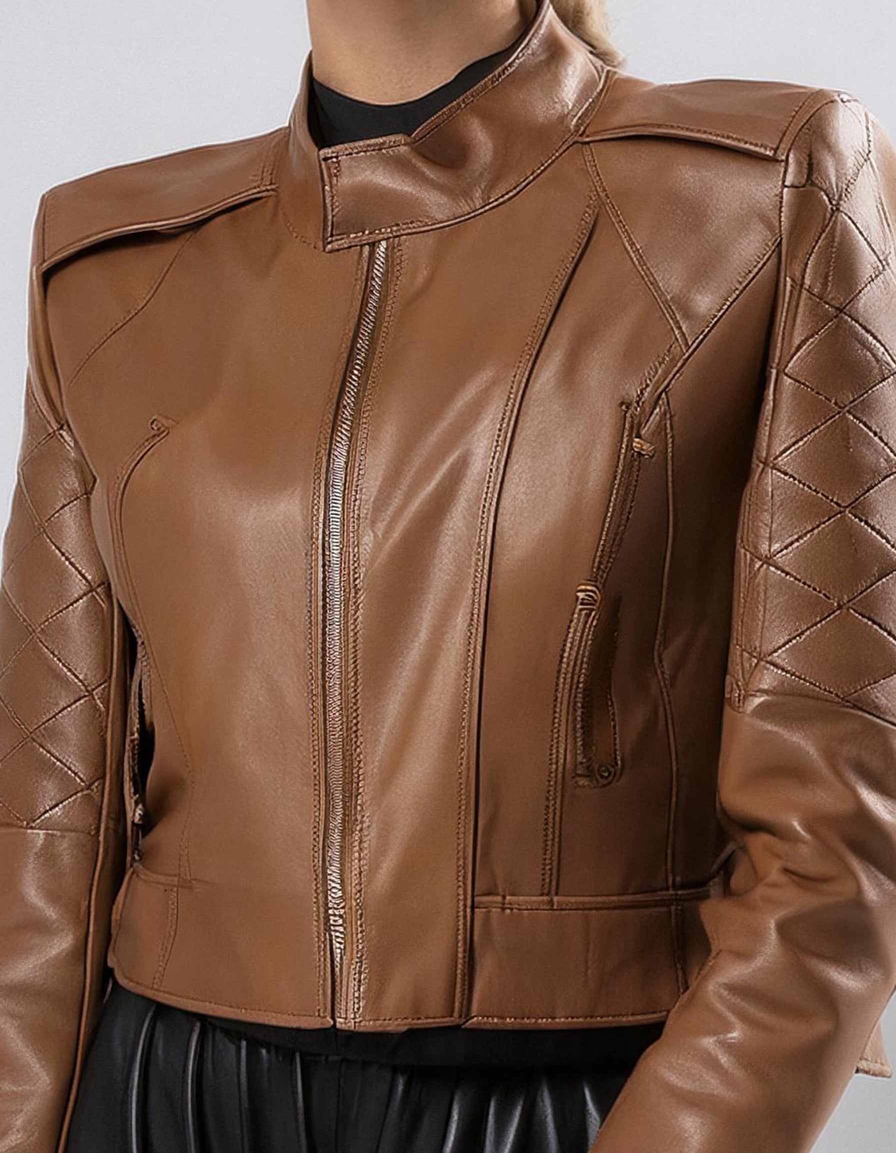 Cognac Brown Zip-Up Leather Jacket 3