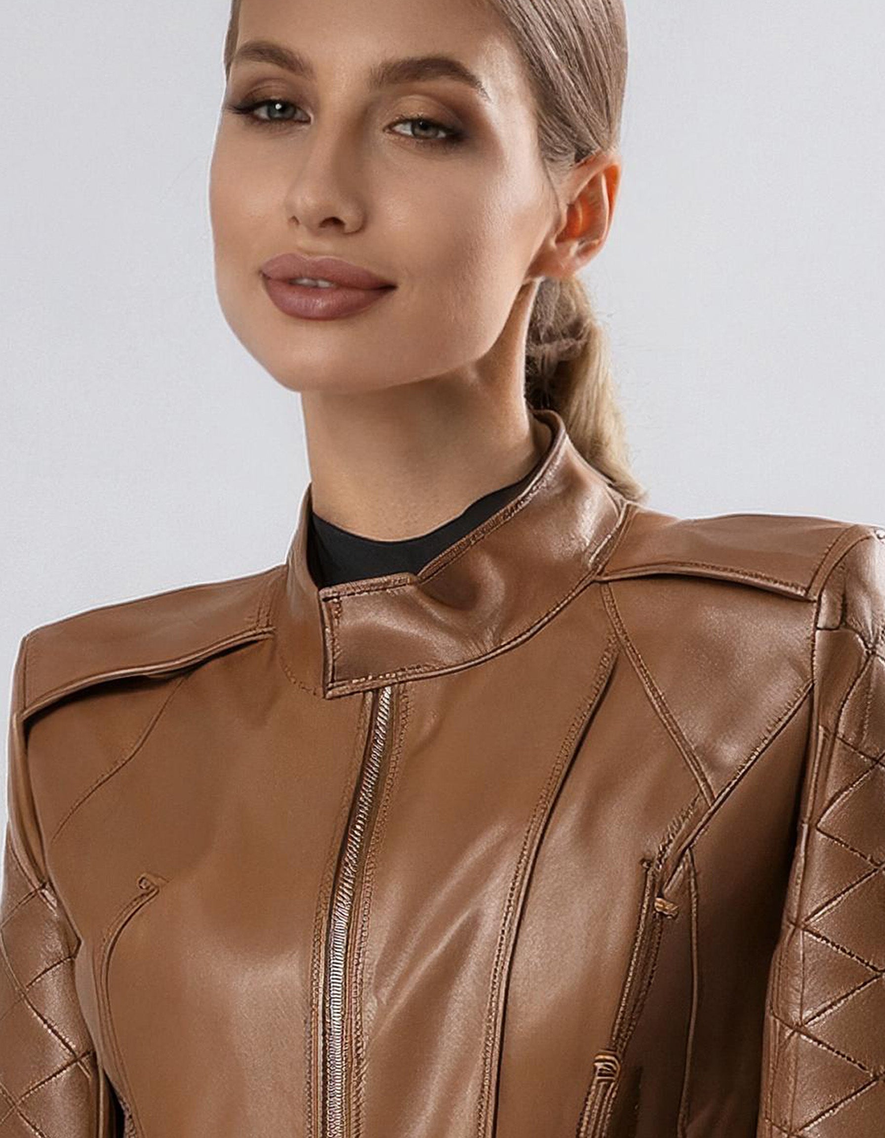Cognac Brown Zip-Up Leather Jacket 4