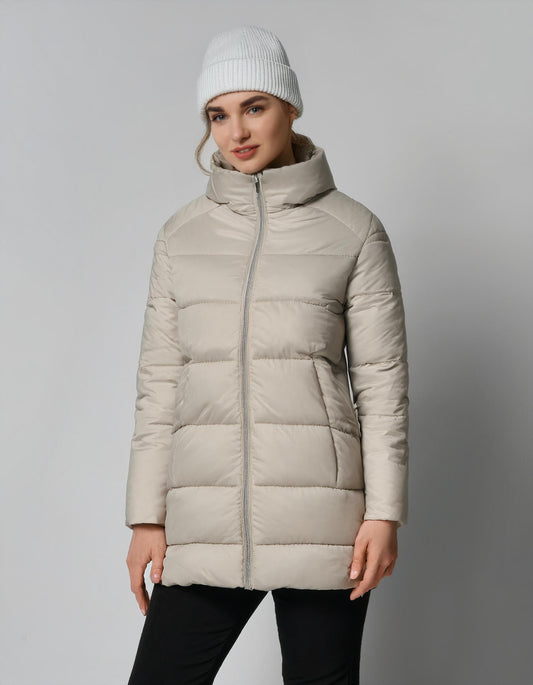 Cream Long-Line Hooded Puffer Jacket