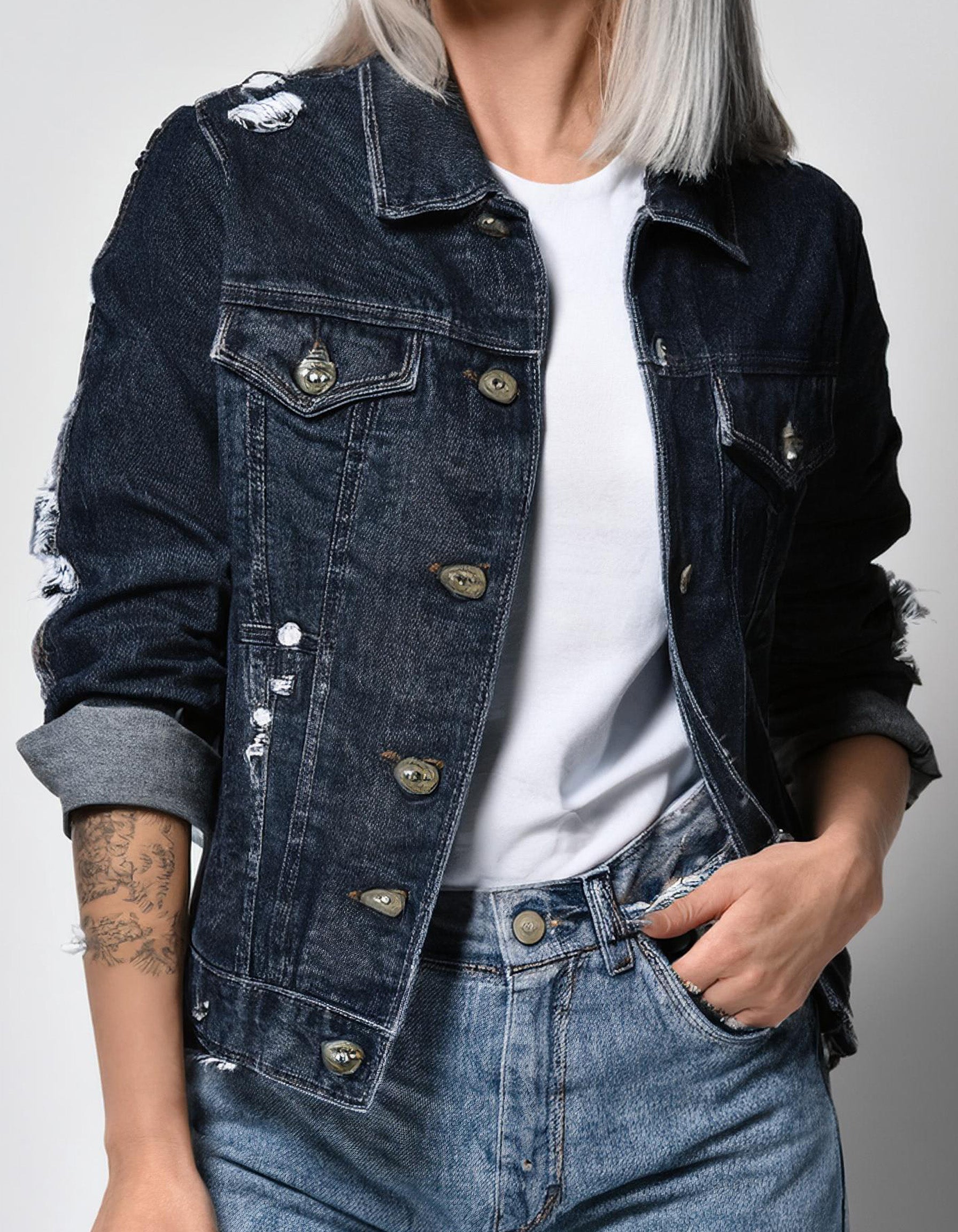 Dark Wash Denim Jacket With Subtle Distressing 2