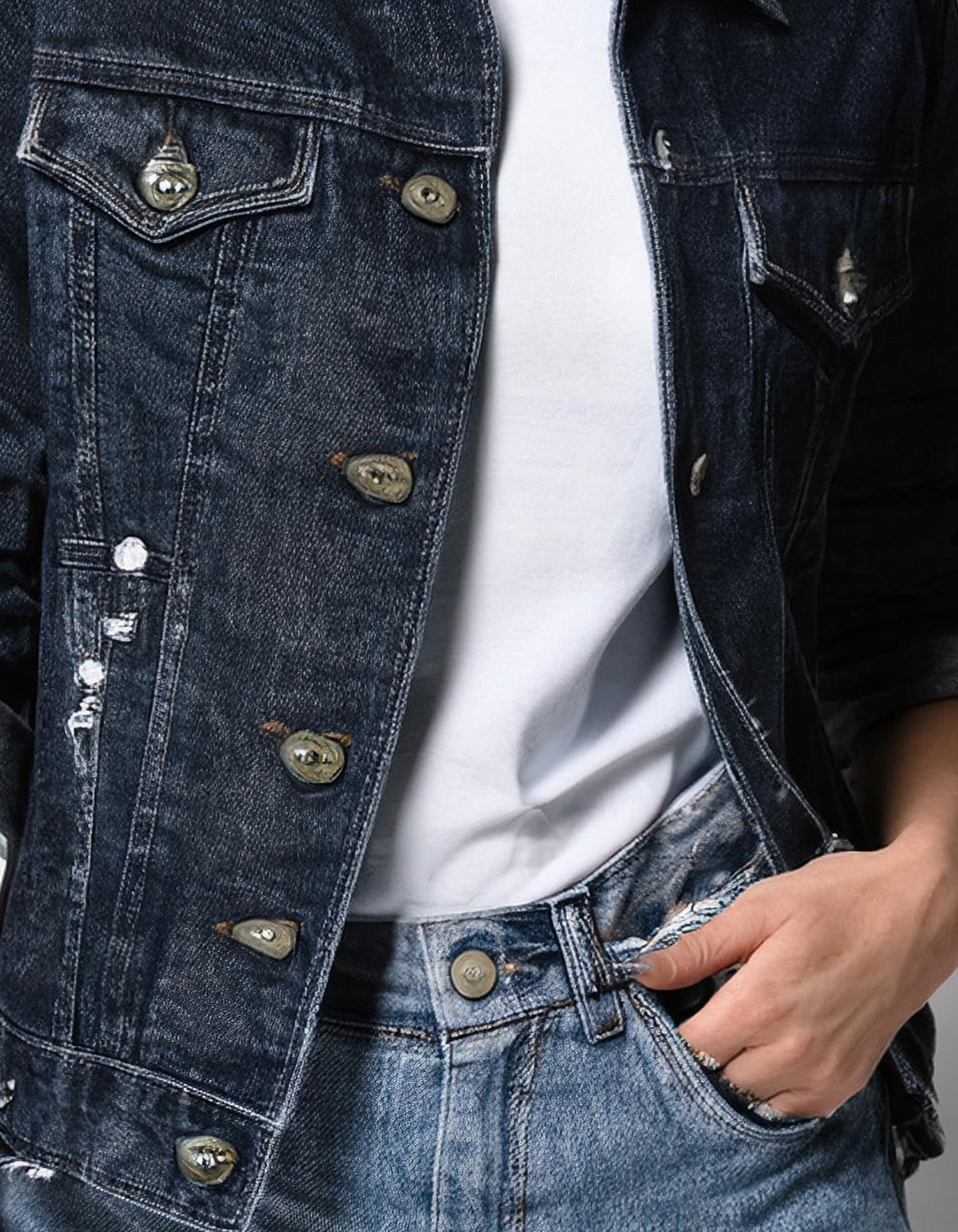 Dark Wash Denim Jacket With Subtle Distressing 3