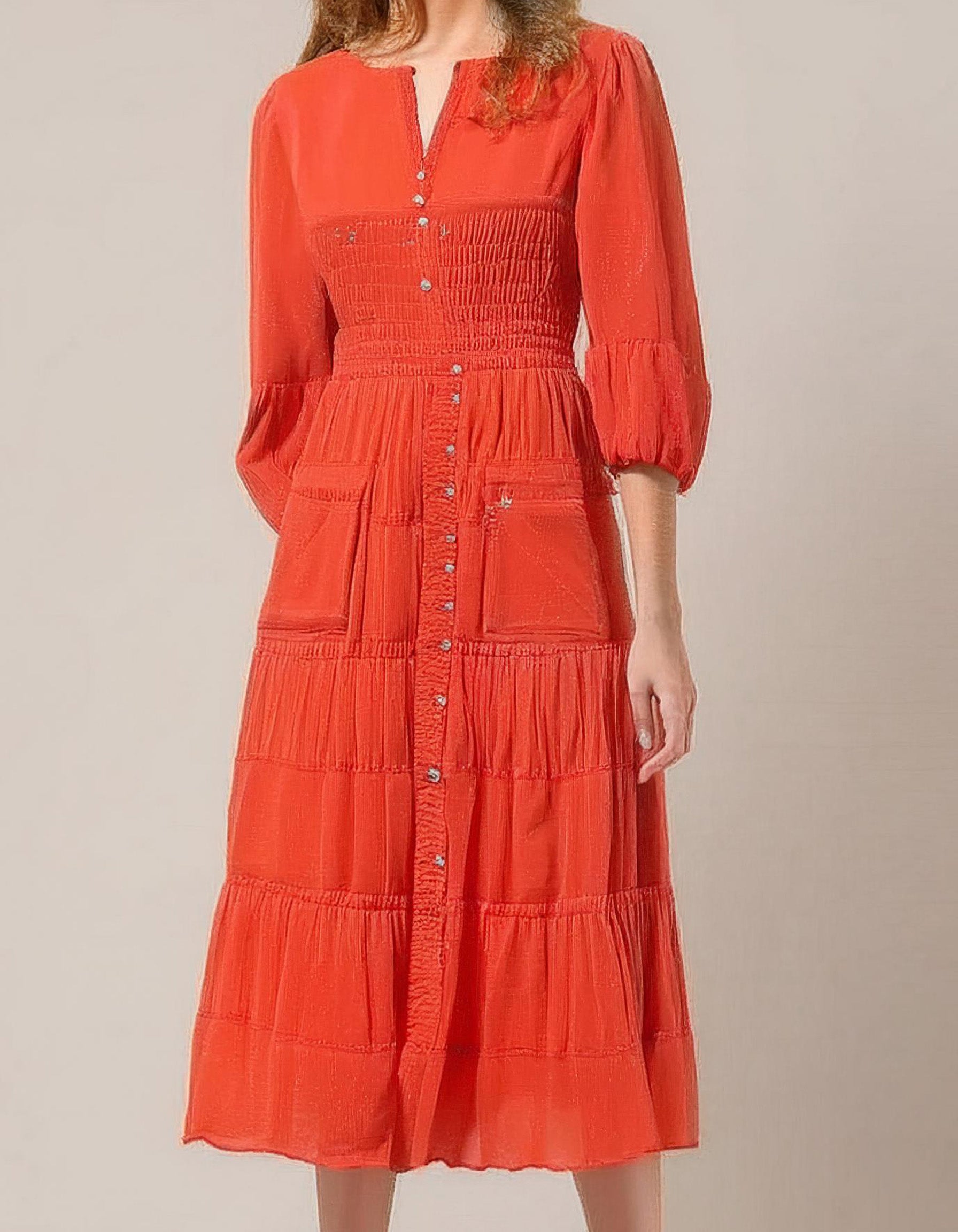 Fiery Orange Tiered Midi Dress 2
