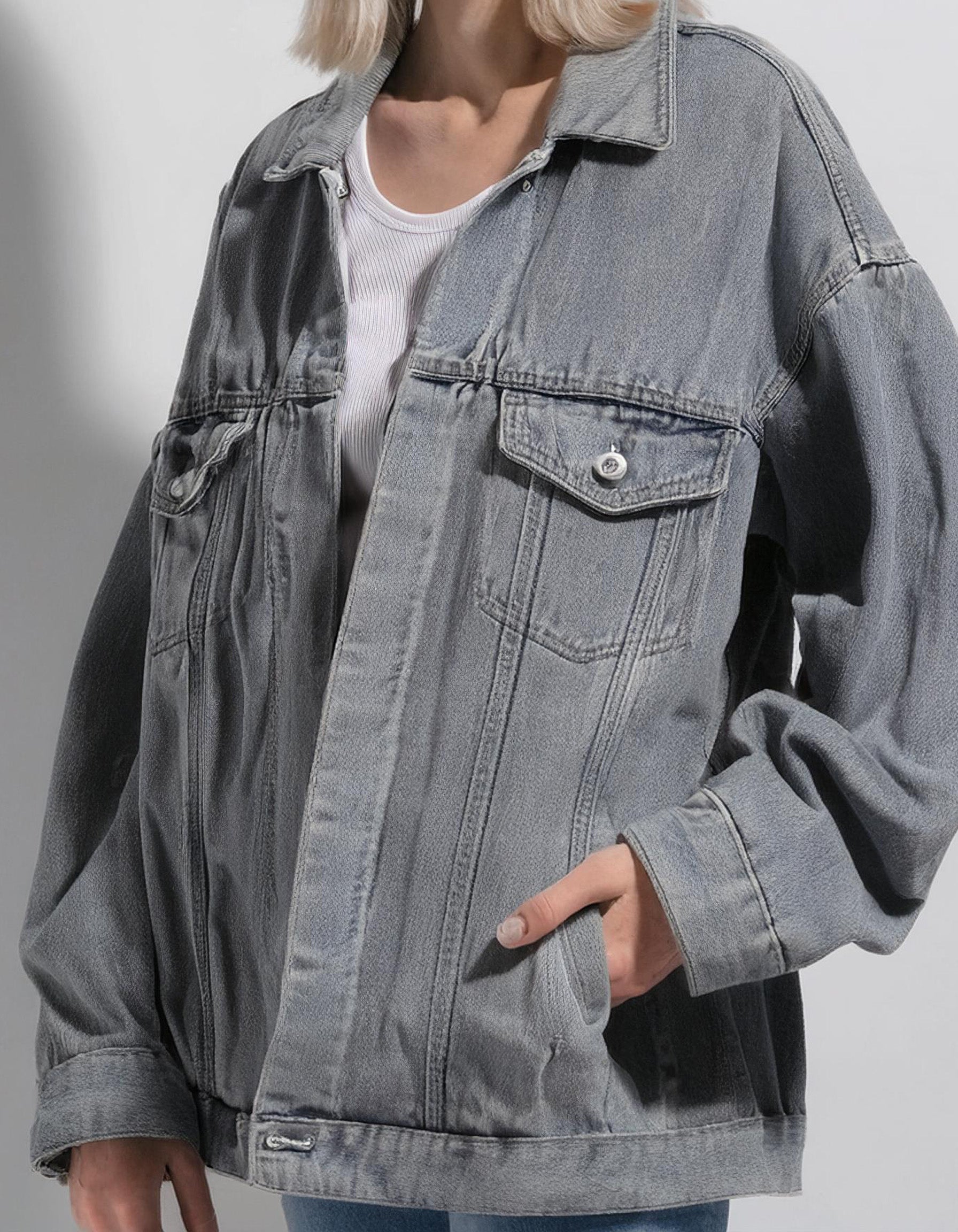 Gray Oversized Denim Jacket With Large Pockets 2