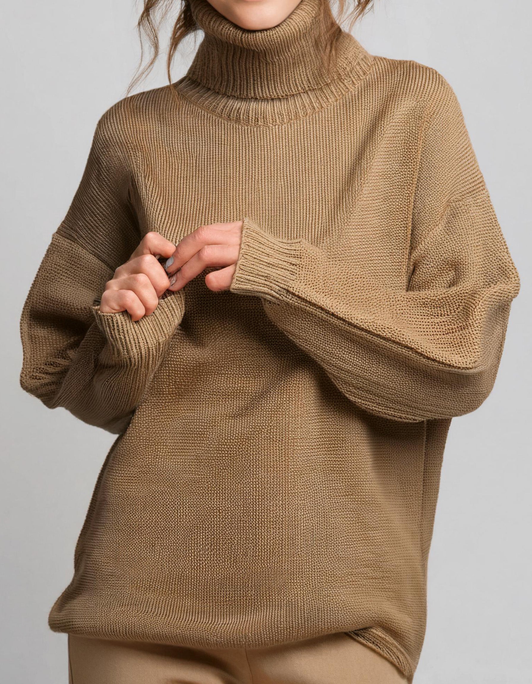 Khaki Green Loose Fit Turtleneck Sweater 2