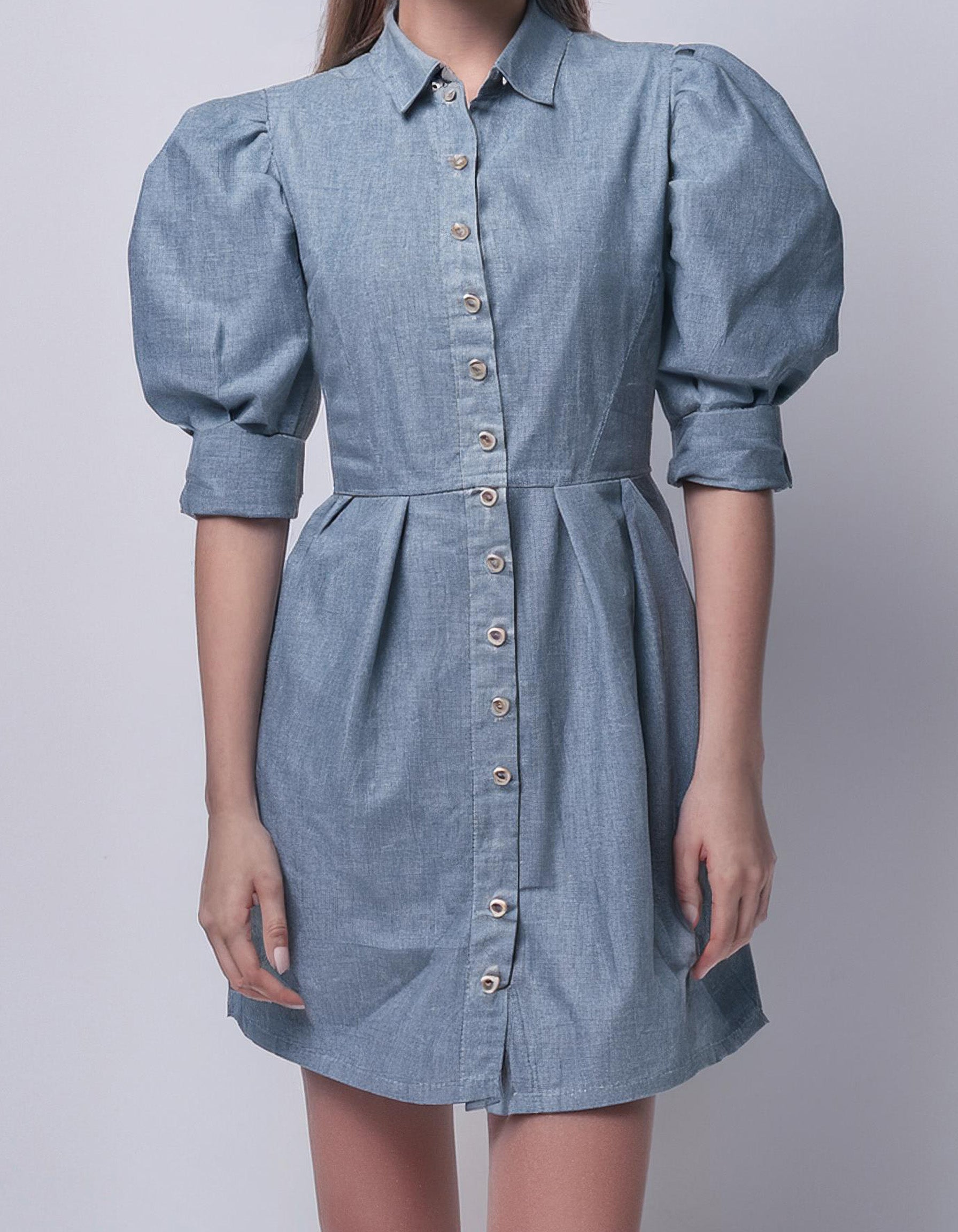 Light Blue Puff Sleeve Shirt Dress 2