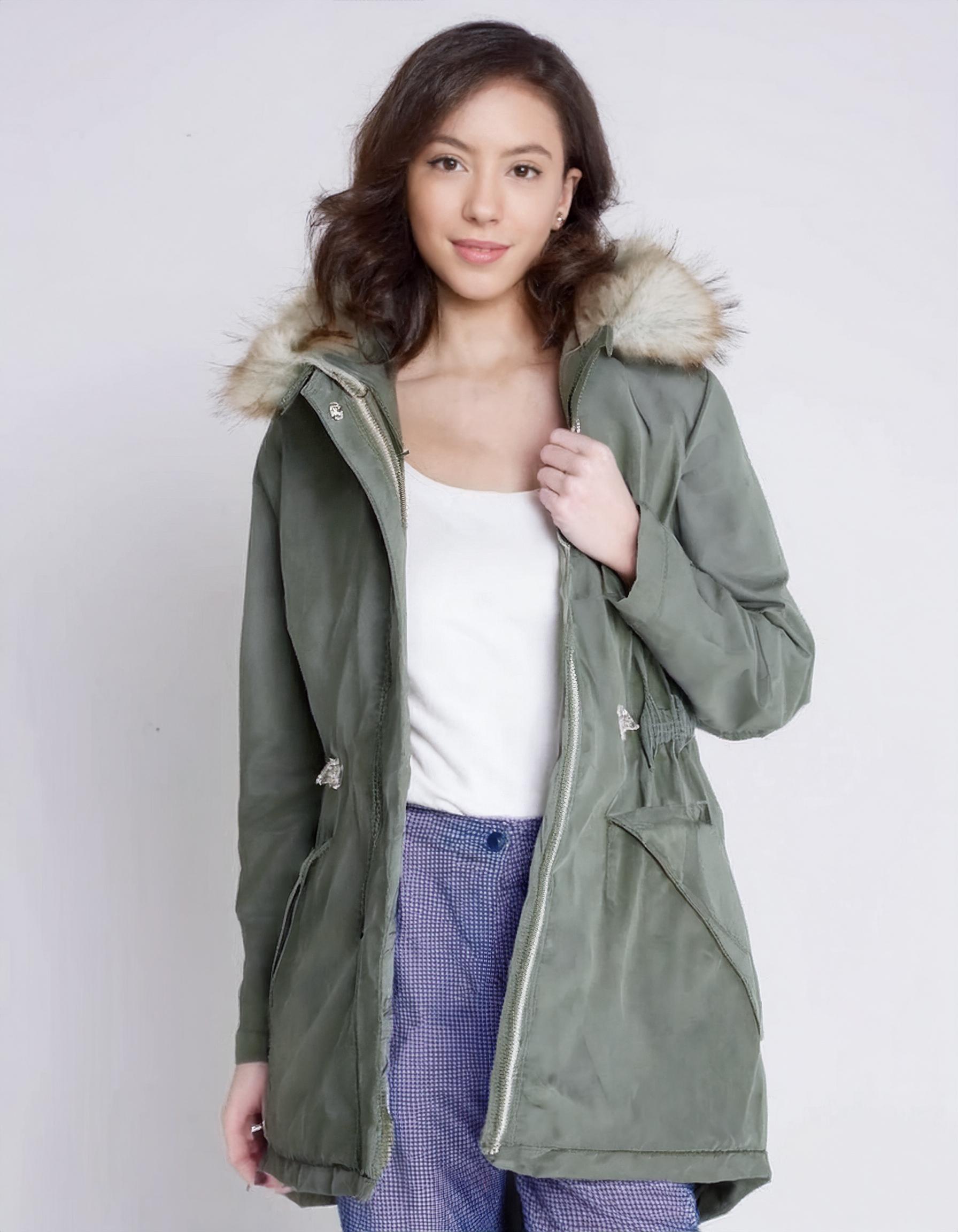 Light Olive Casual Parka with Faux Fur Hood