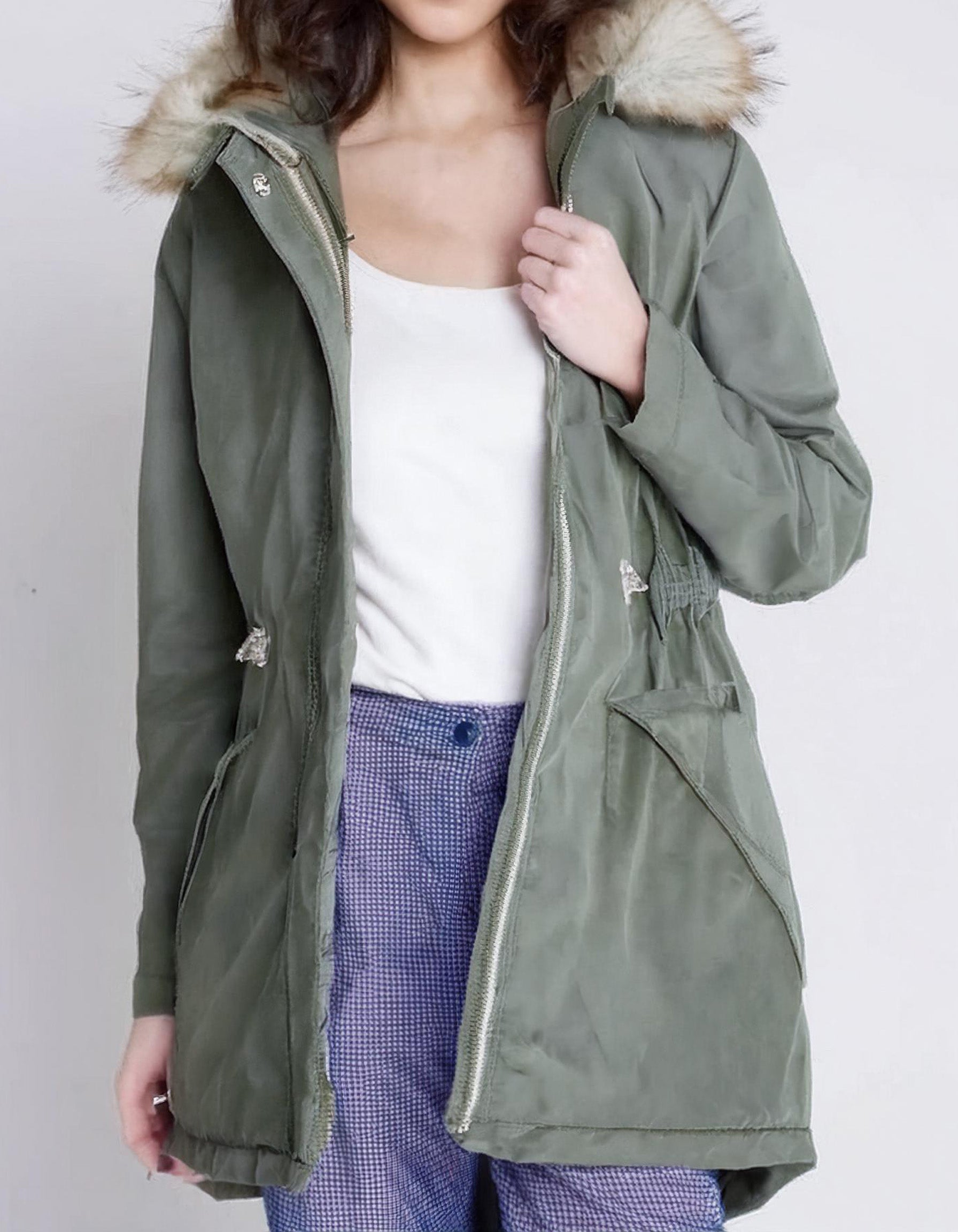Light Olive Casual Parka with Faux Fur Hood 2