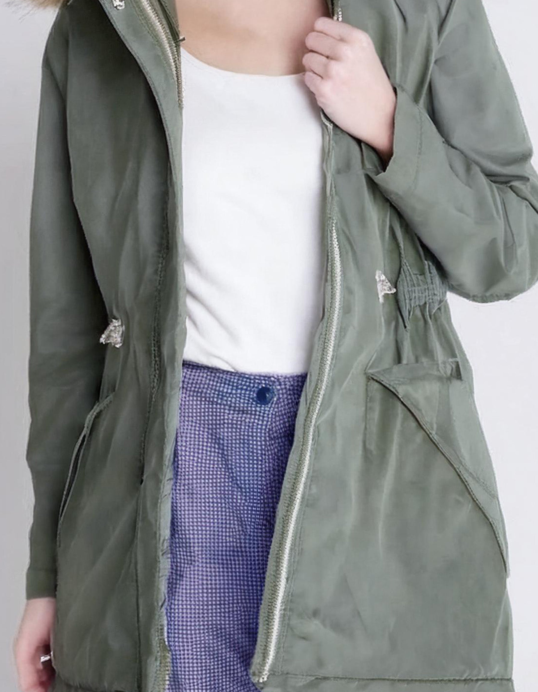 Light Olive Casual Parka with Faux Fur Hood 3