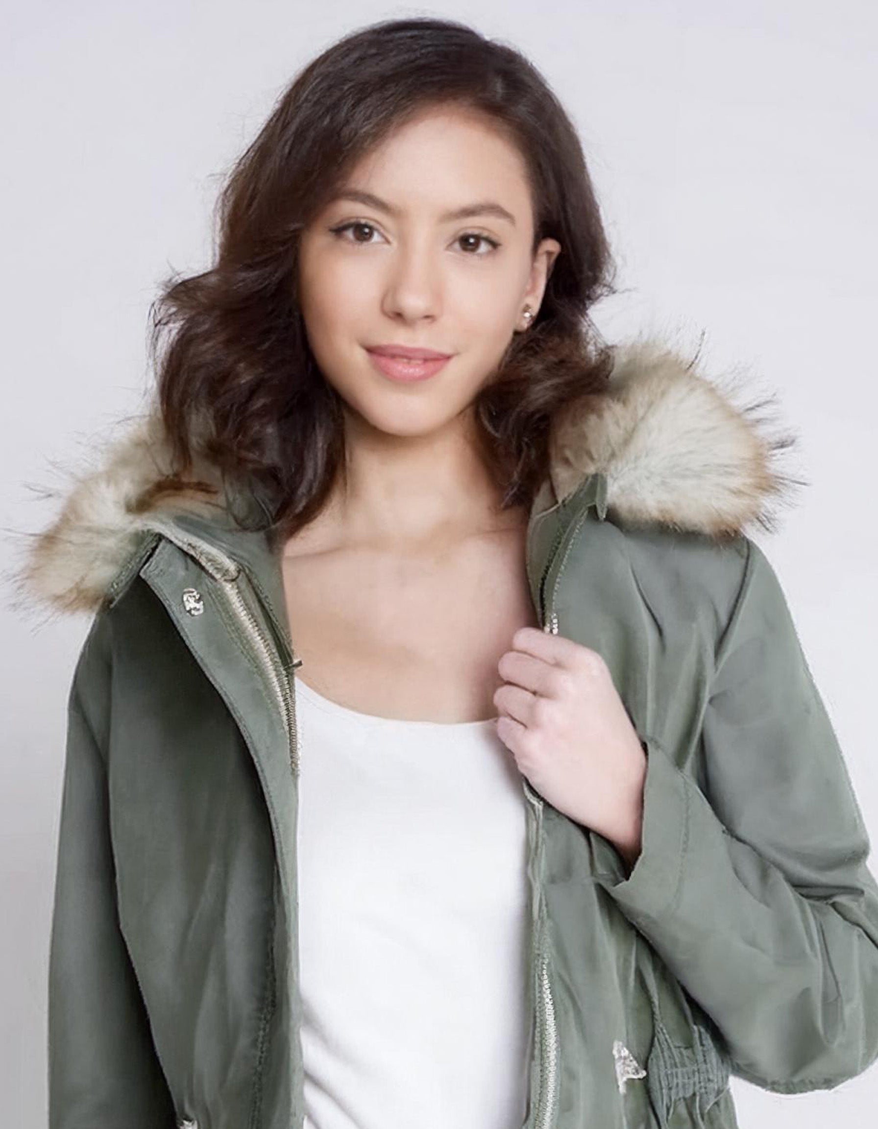 Light Olive Casual Parka with Faux Fur Hood 4