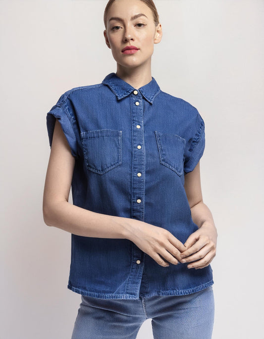 Medium Blue Sleeveless Denim Shirt