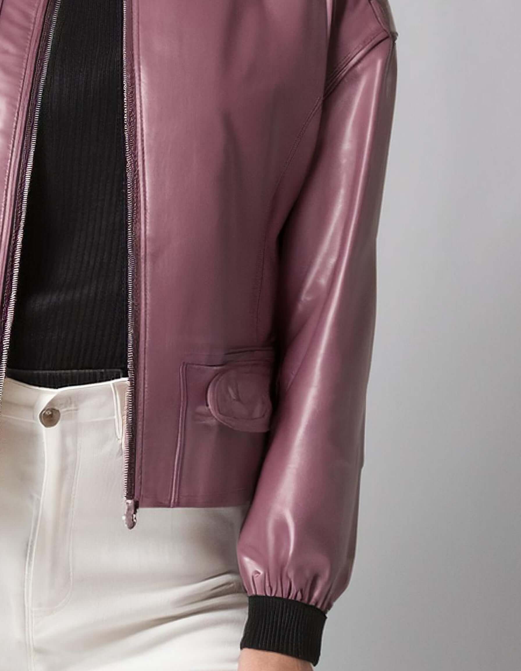 Metallic Plum Bomber Leather Jacket 3