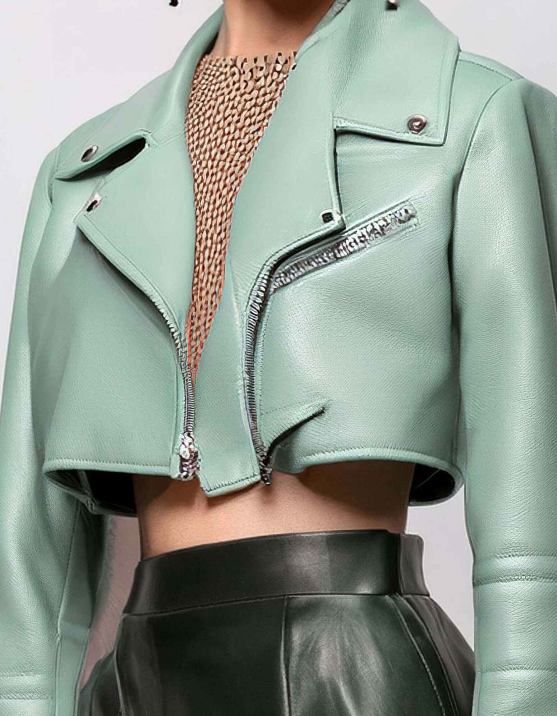 Mint Green Crop Leather Jacket 3
