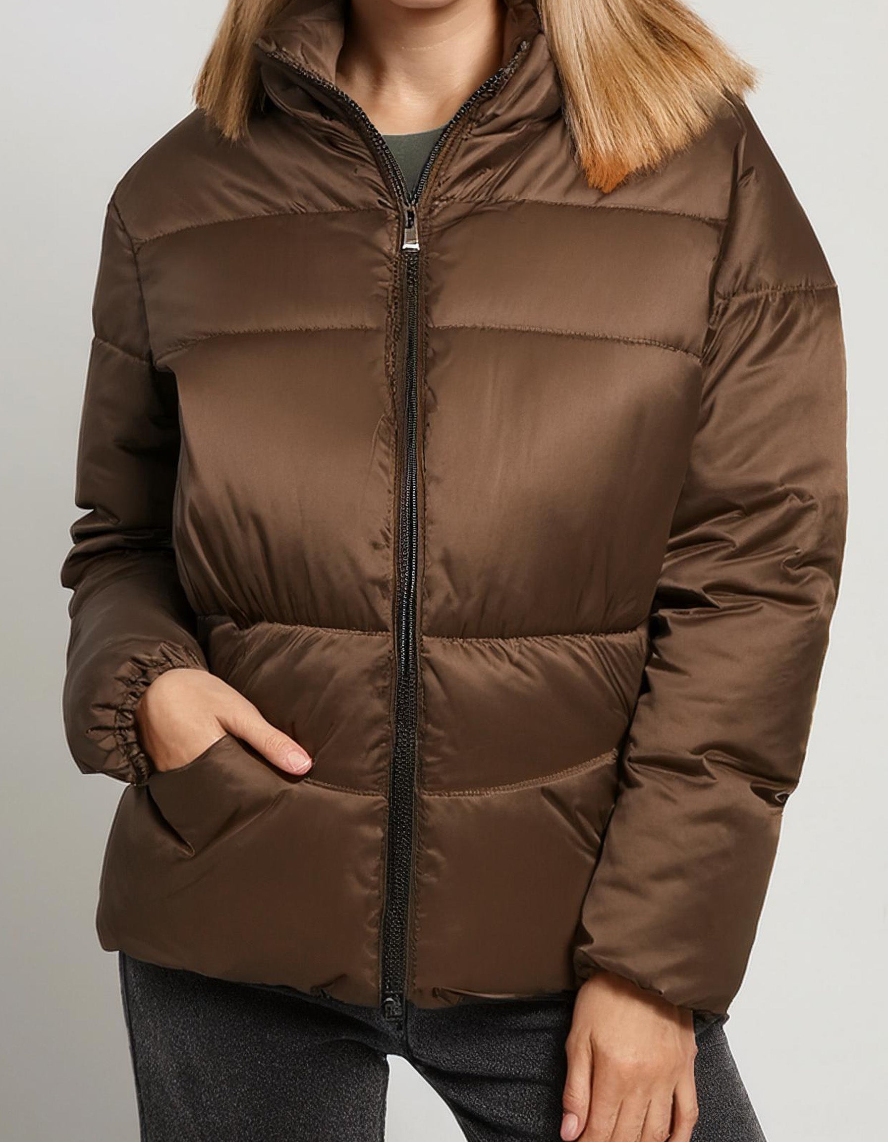 Mocha Brown Zip-Up Puffer Jacket 2