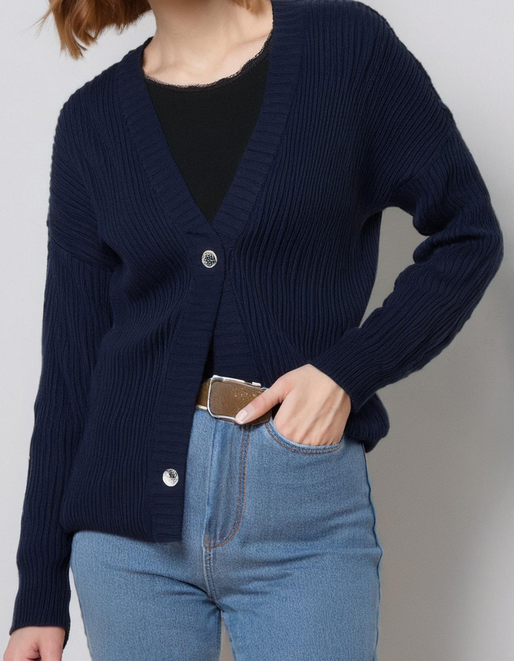 Navy Blue Crew Neck Cardigan 2
