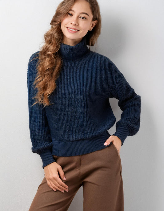 Navy Blue Textured Turtleneck Top