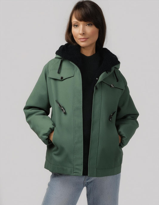 Olive Green Hooded Parka Jacket with Pockets