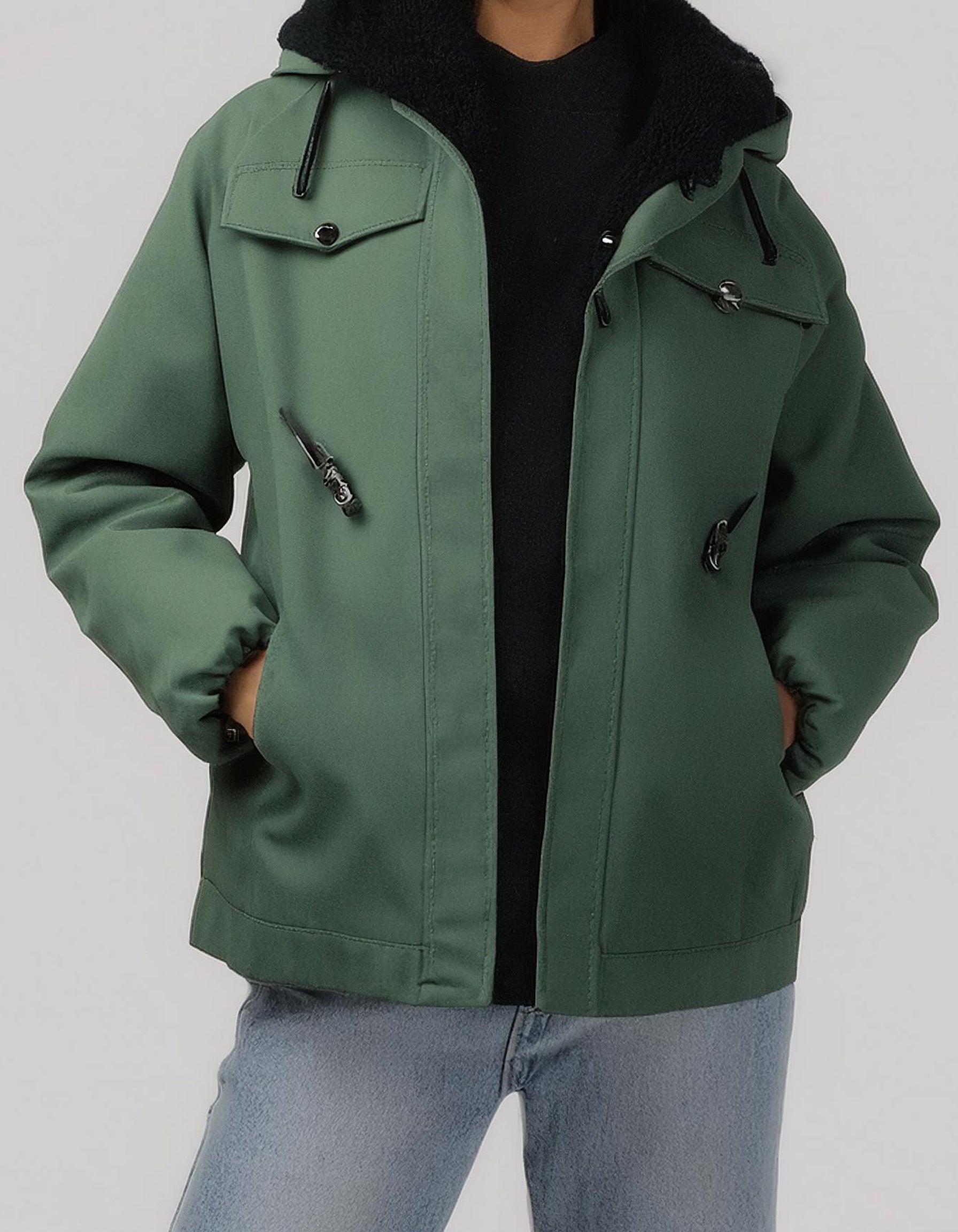 Olive Green Hooded Parka Jacket with Pockets 2