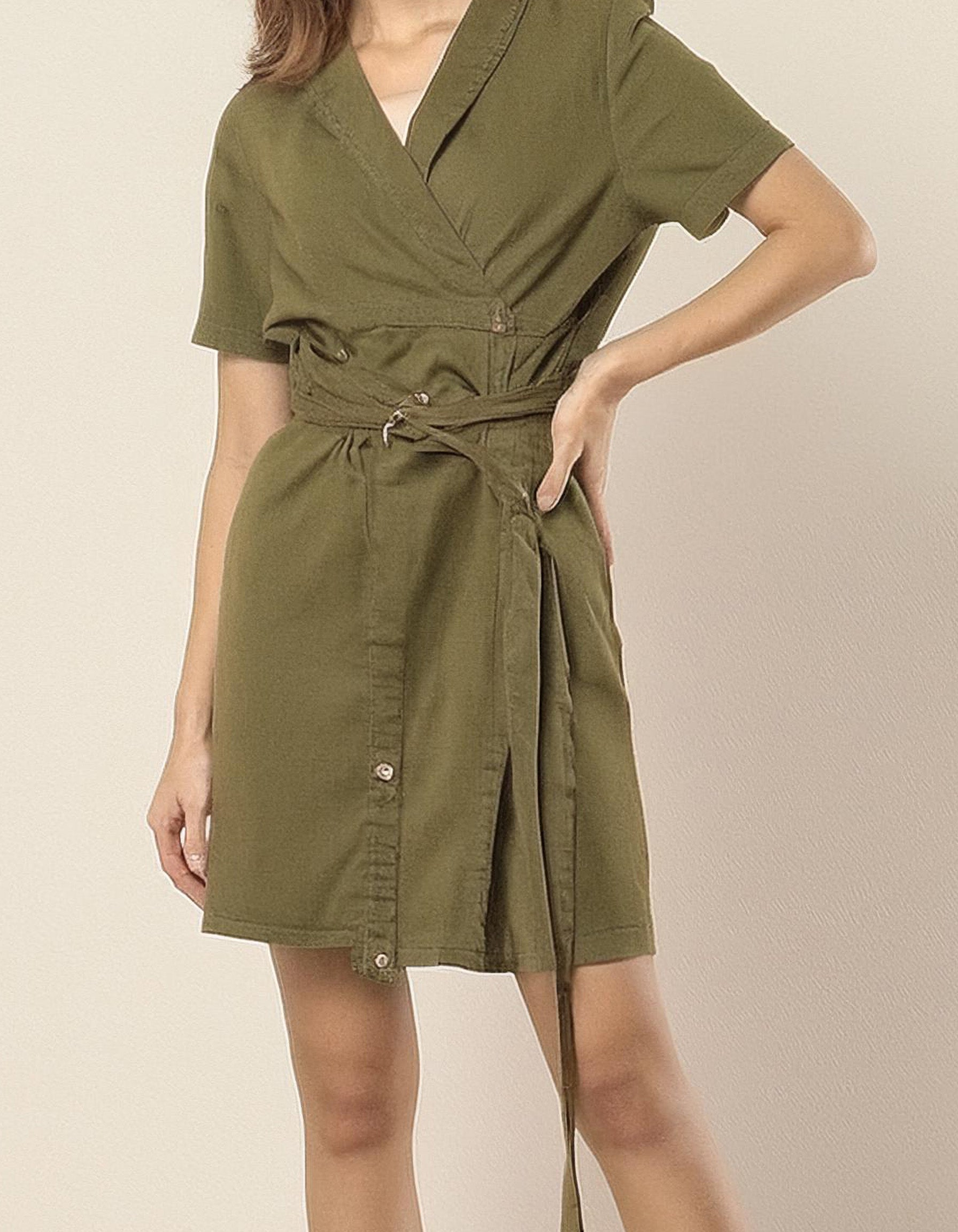 Olive Green Short Wrap Dress 2