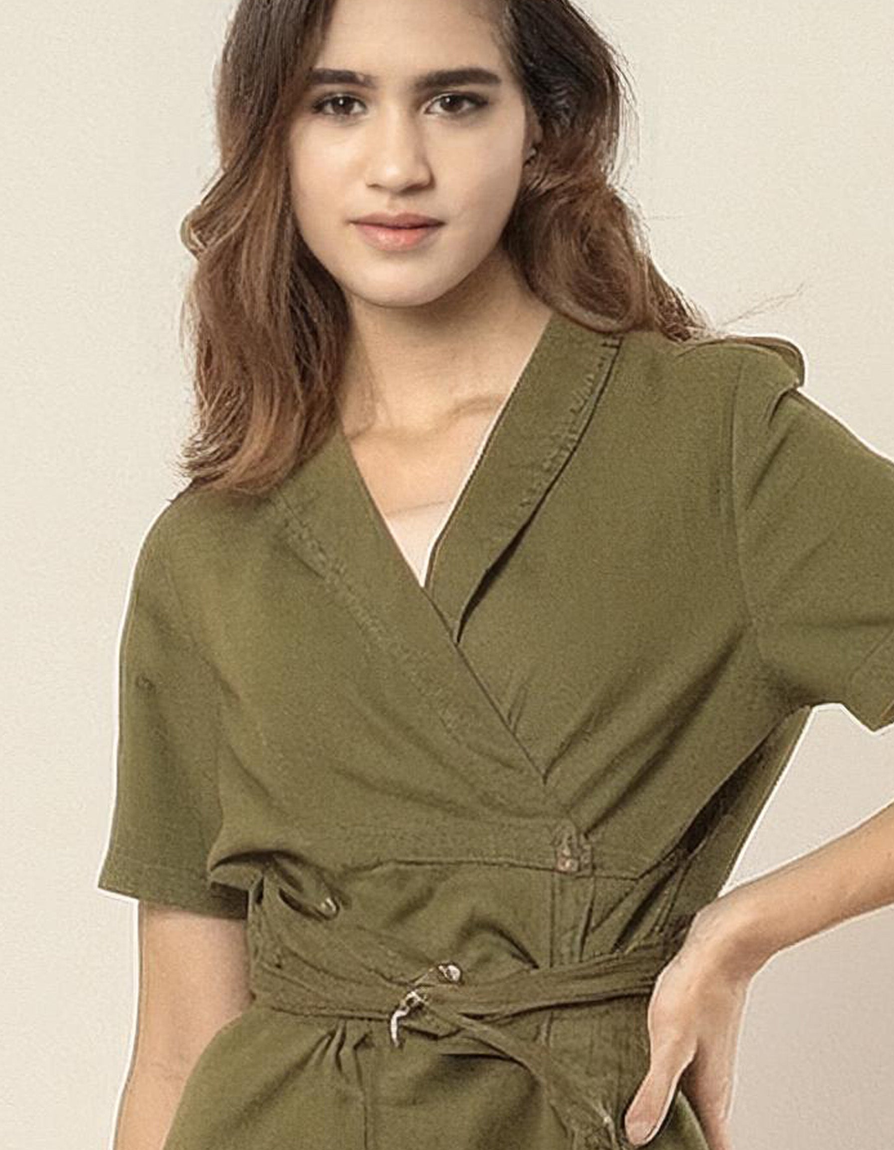 Olive Green Short Wrap Dress 4
