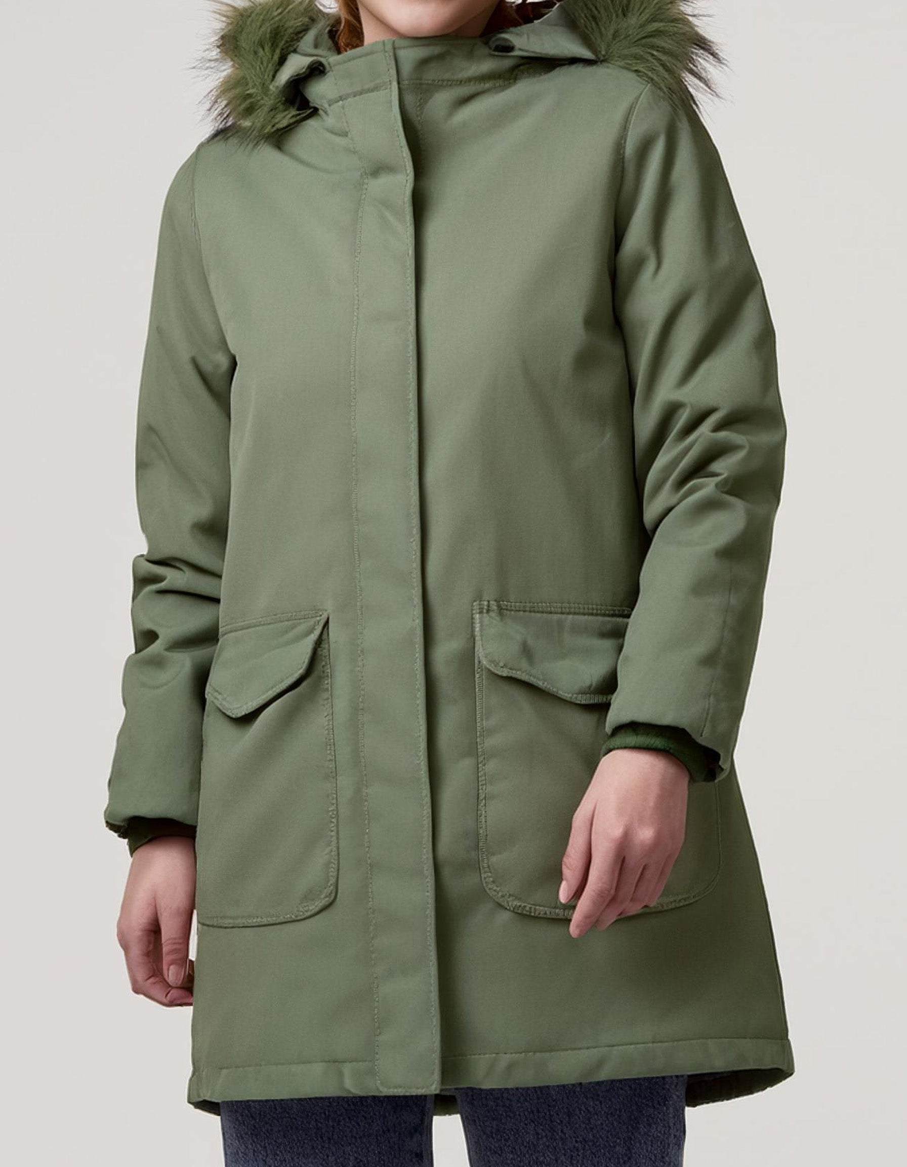 Olive Hooded Parka with Snap Buttons and Pockets 2