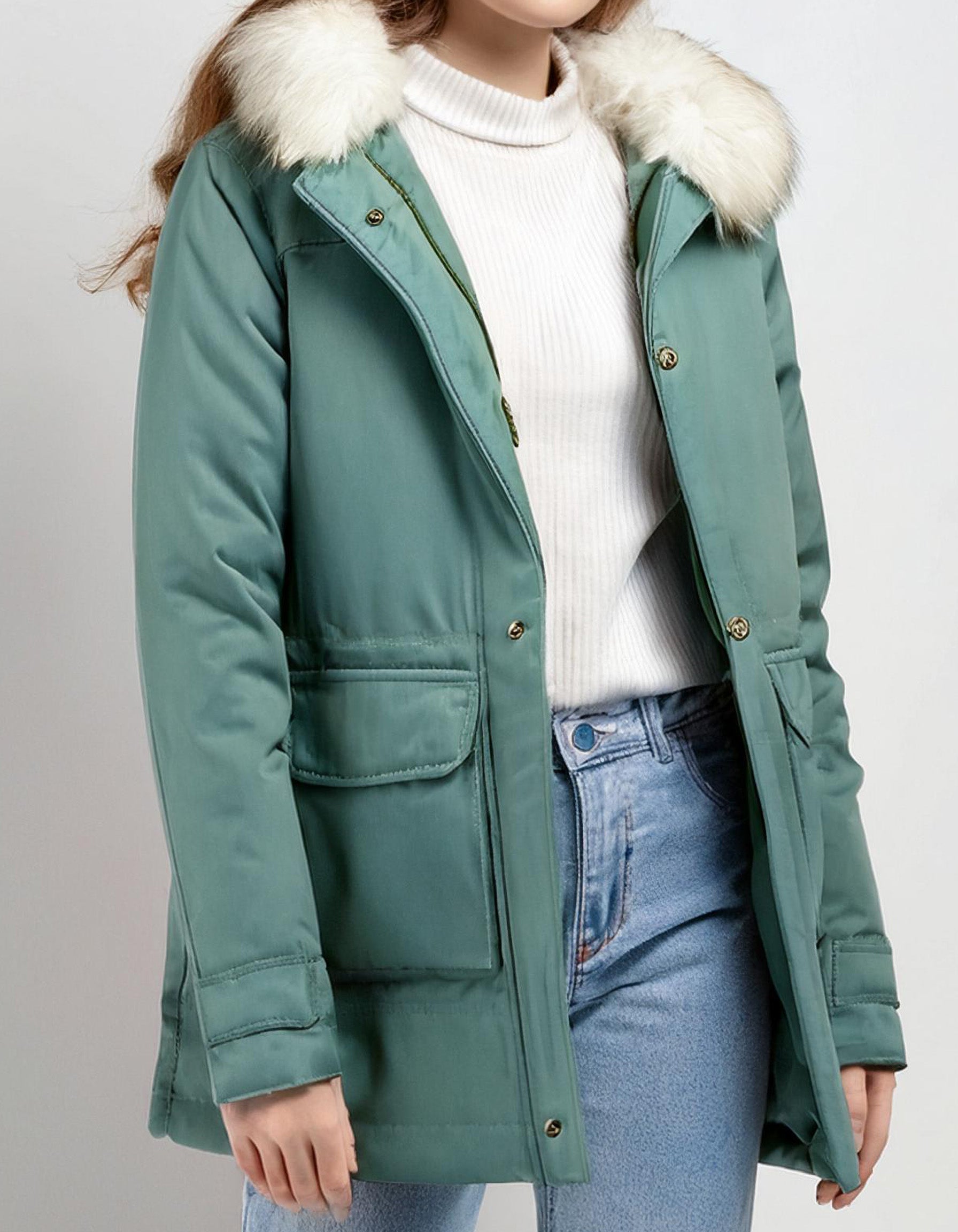 Pale Green Parka with Detachable Hood and Fur Trim 2
