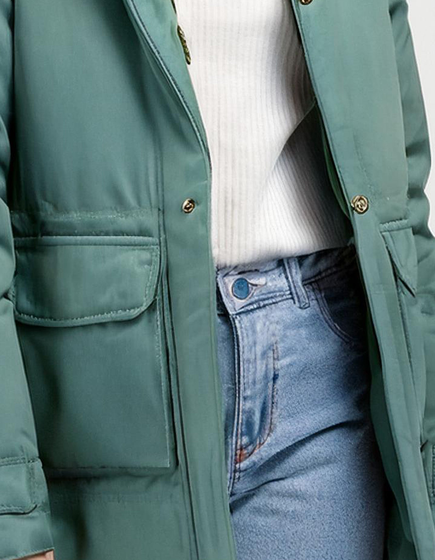 Pale Green Parka with Detachable Hood and Fur Trim 3