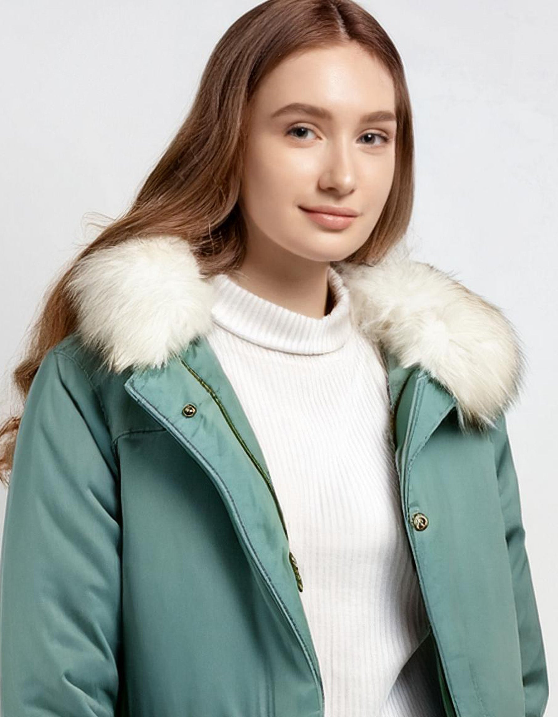 Pale Green Parka with Detachable Hood and Fur Trim 4