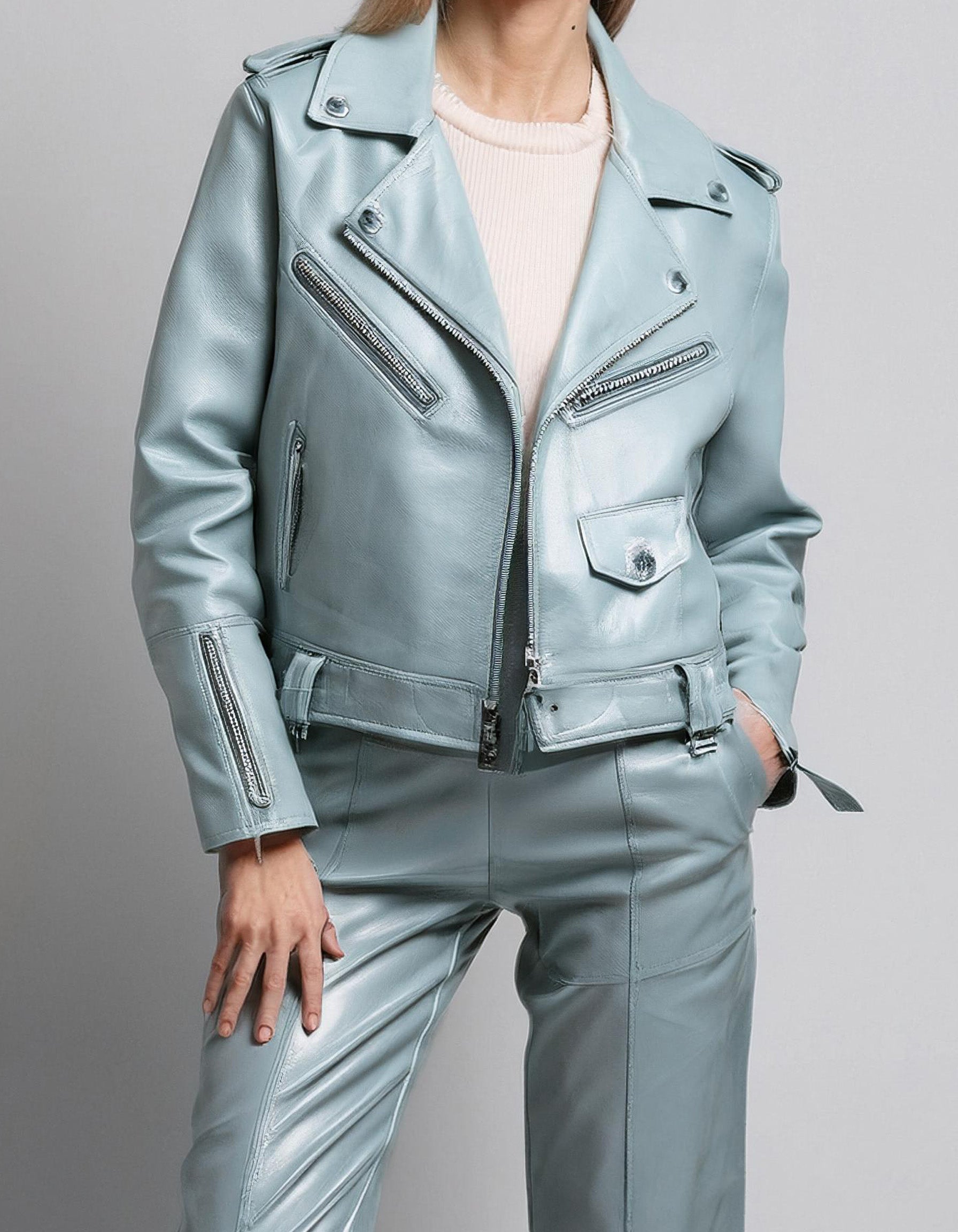 Pastel Blue Leather Blazer Jacket 2