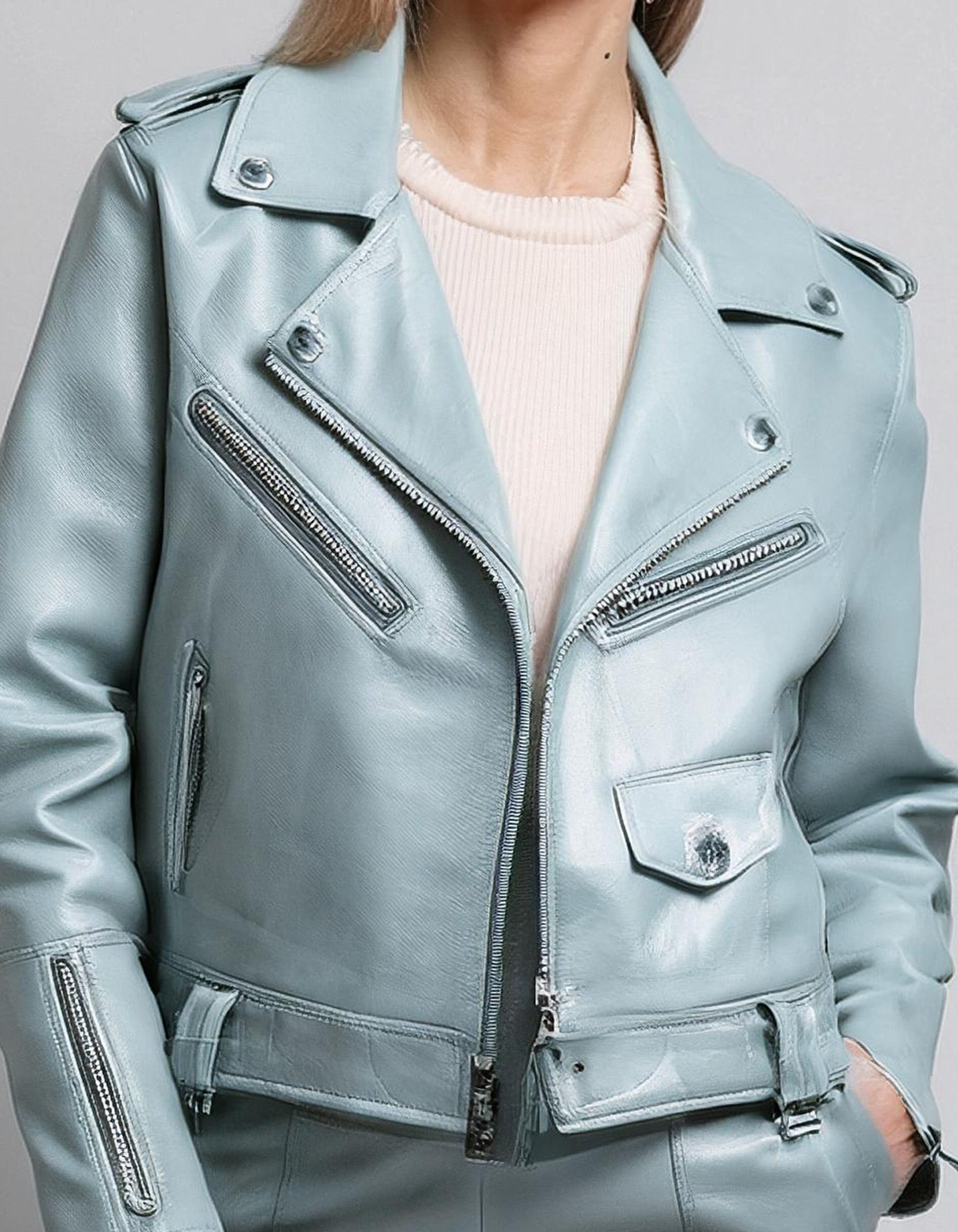Pastel Blue Leather Blazer Jacket 3