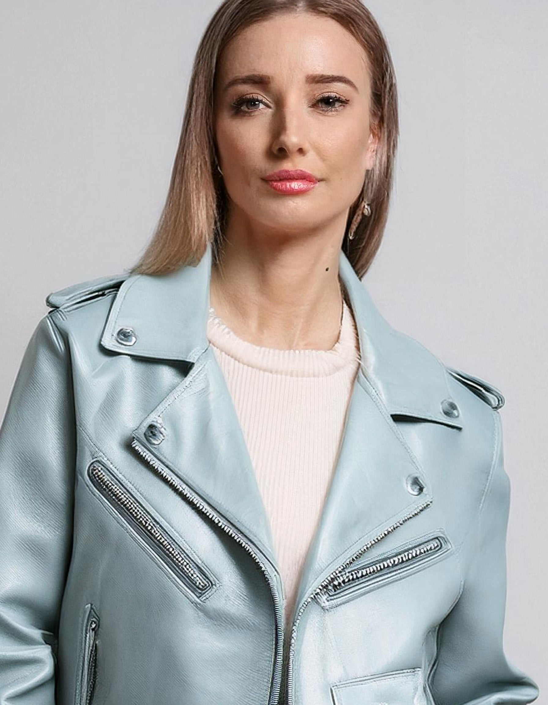 Pastel Blue Leather Blazer Jacket 4
