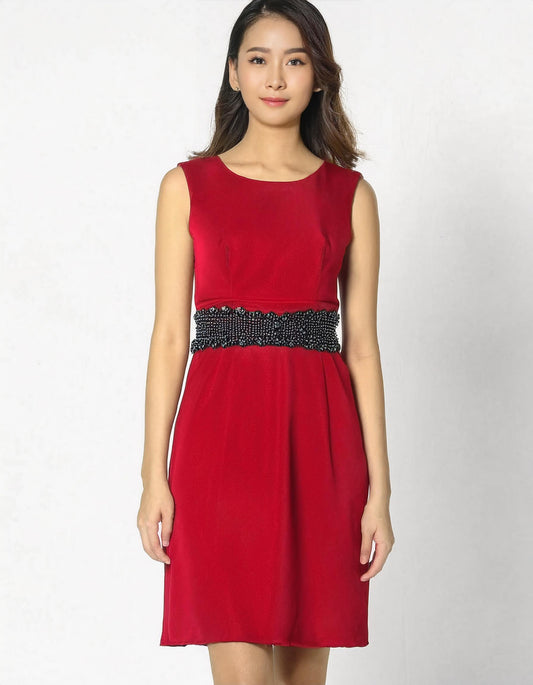 Red Belted Sleeveless Sheath Dress