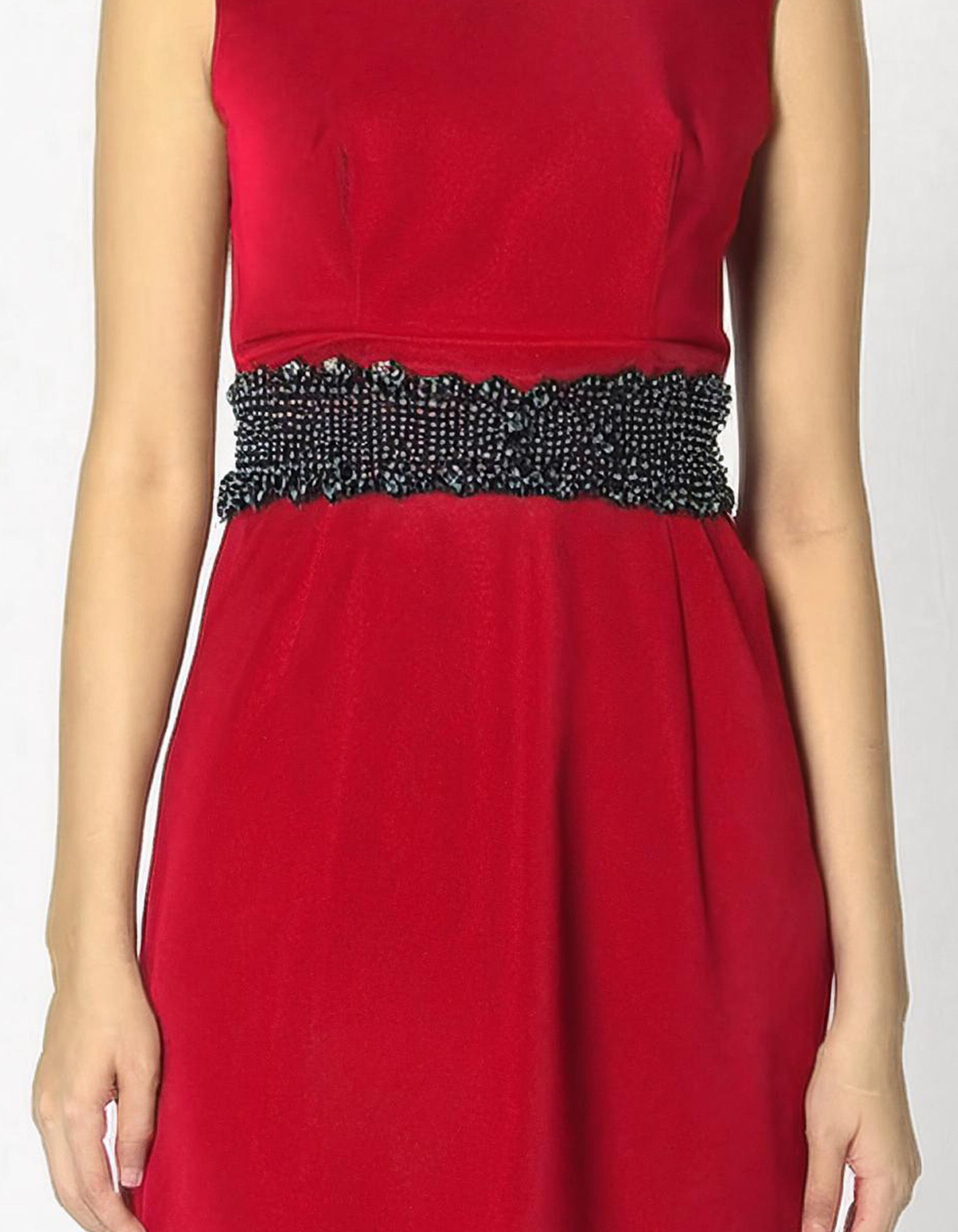 Red Belted Sleeveless Sheath Dress 3