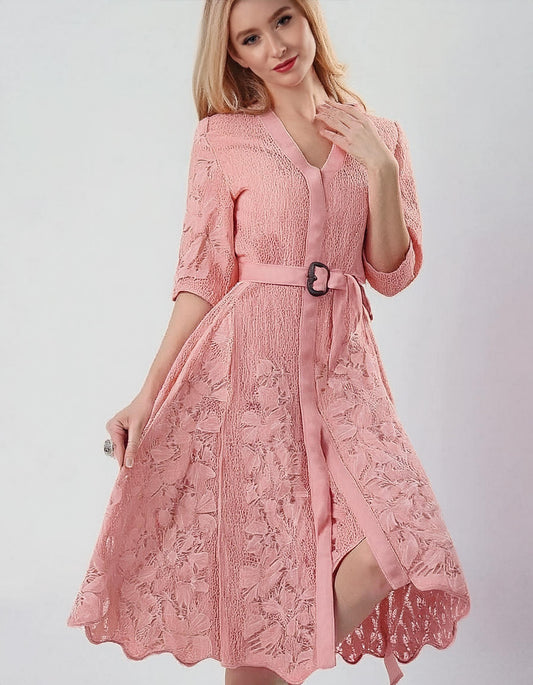 Romantic Pink Lace Midi Dress