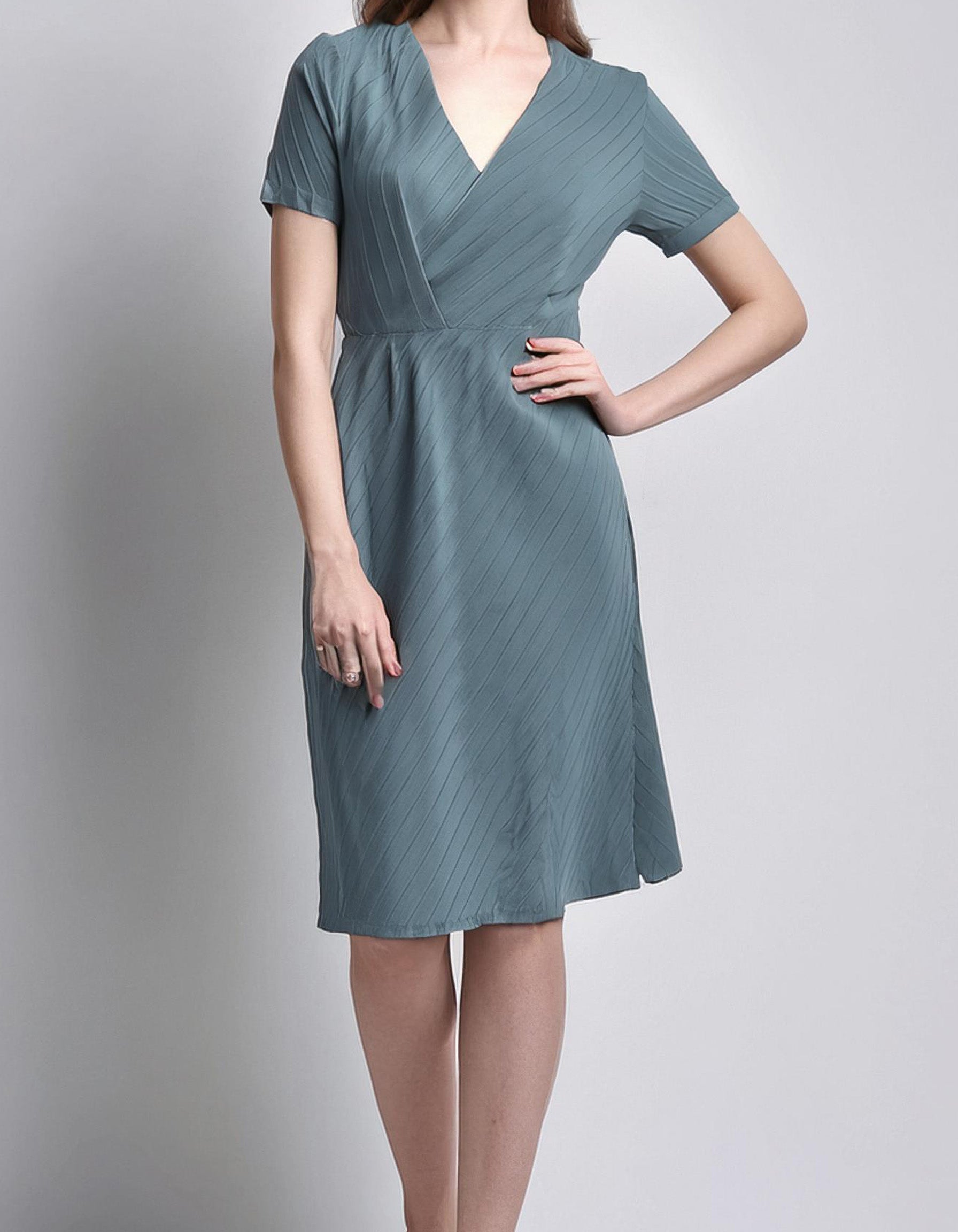 Teal V-Neck Shift Dresses 2