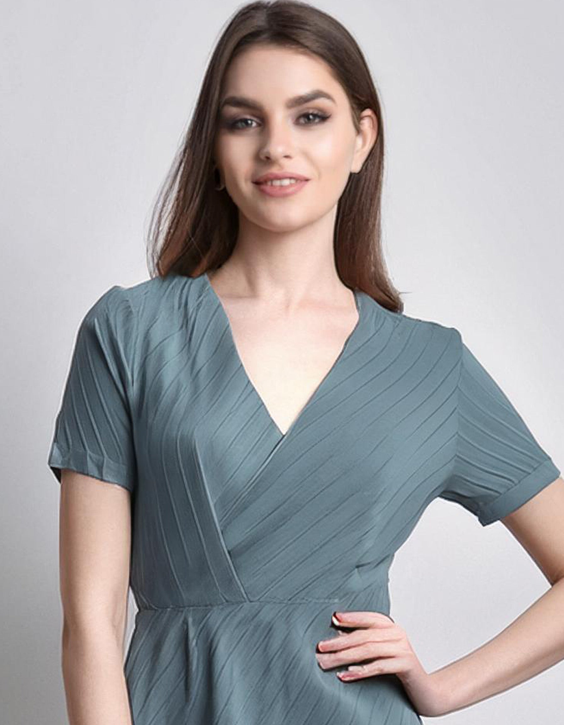 Teal V-Neck Shift Dresses 4